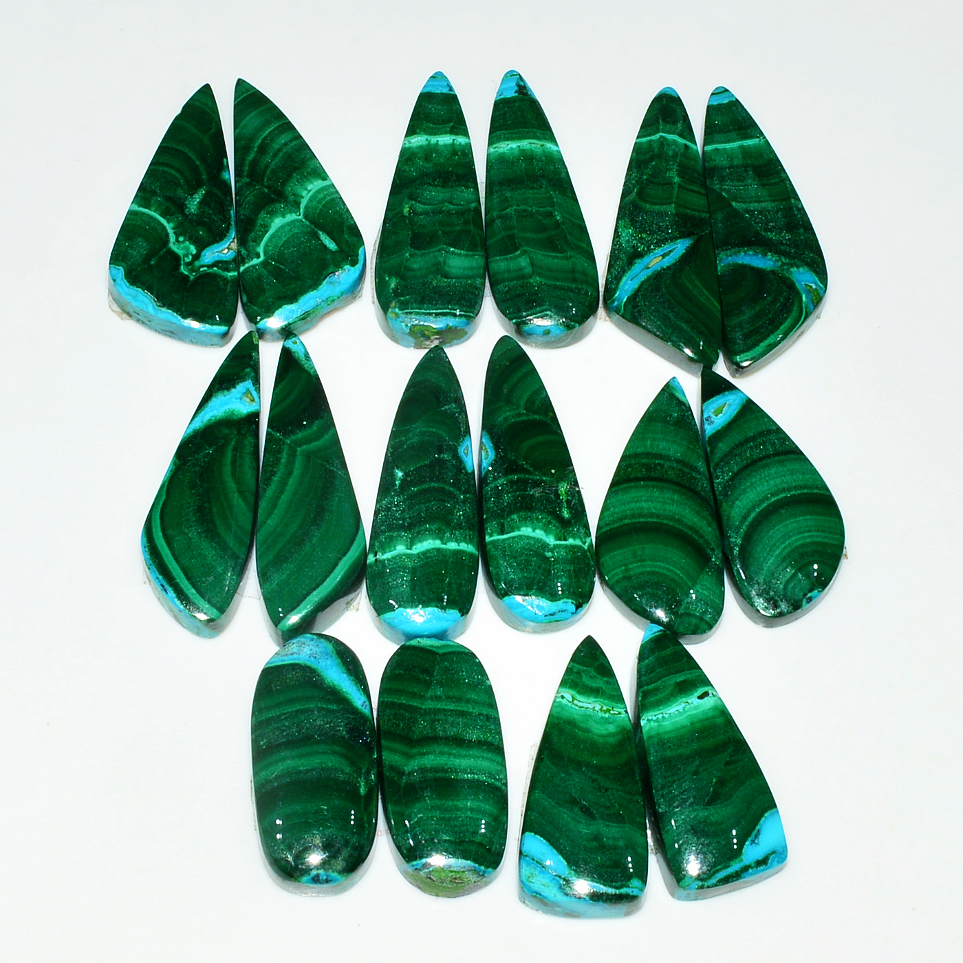 8 Pairs 201Cts Natural Malachite Loose Gemstone Cabochon Pair Lot for Silver Earrings 30x10  21x11mm 19009