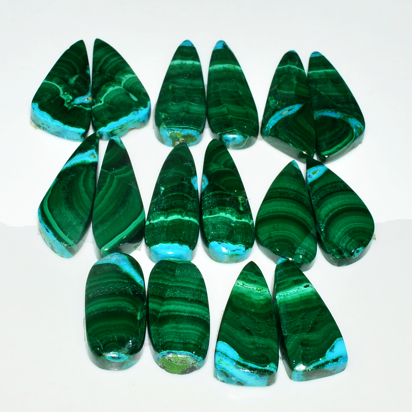 8 Pairs 201Cts Natural Malachite Loose Gemstone Cabochon Pair Lot for Silver Earrings 30x10 21x11mm 19009