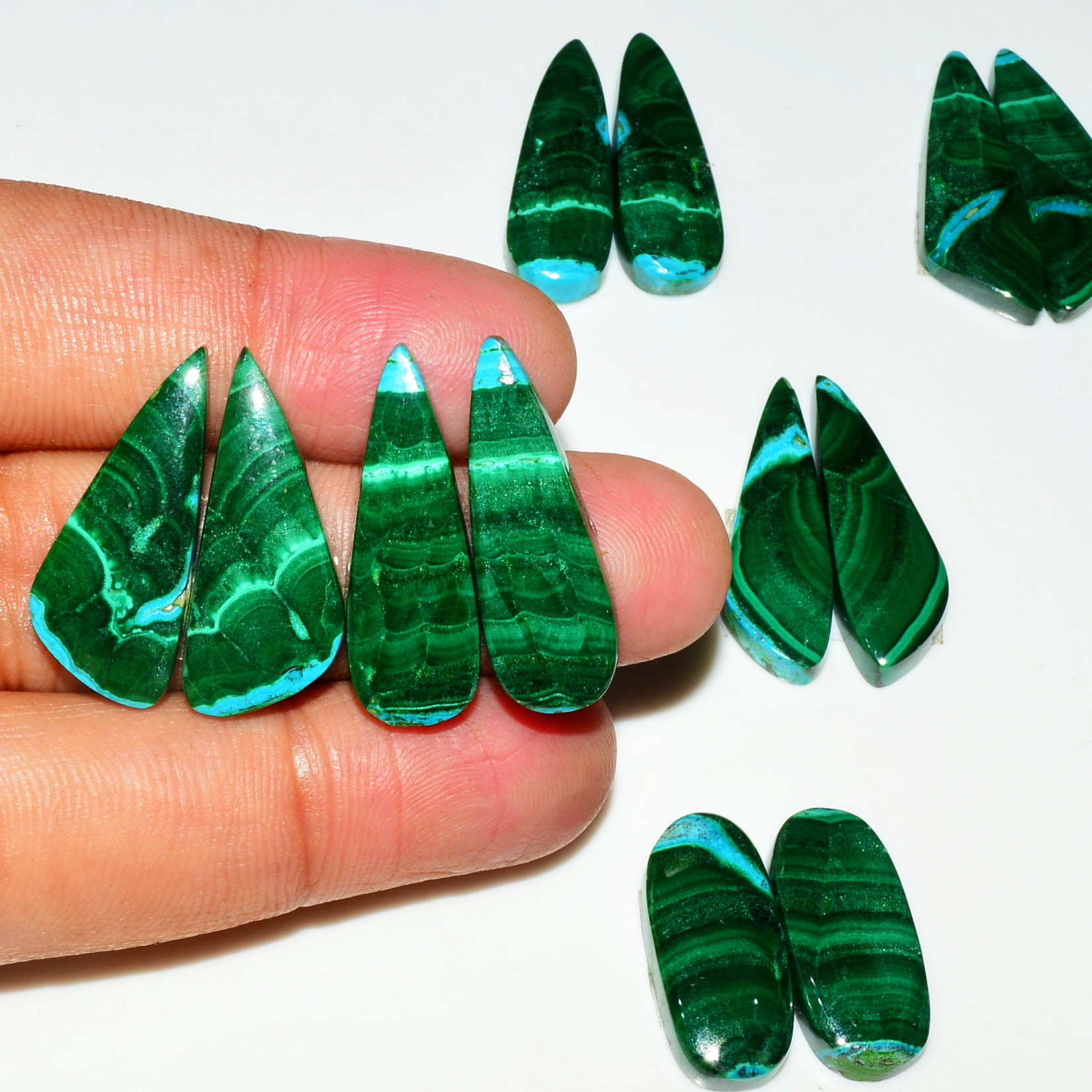 8 Pairs 201Cts Natural Malachite Loose Gemstone Cabochon Pair Lot for Silver Earrings 30x10  21x11mm 19009