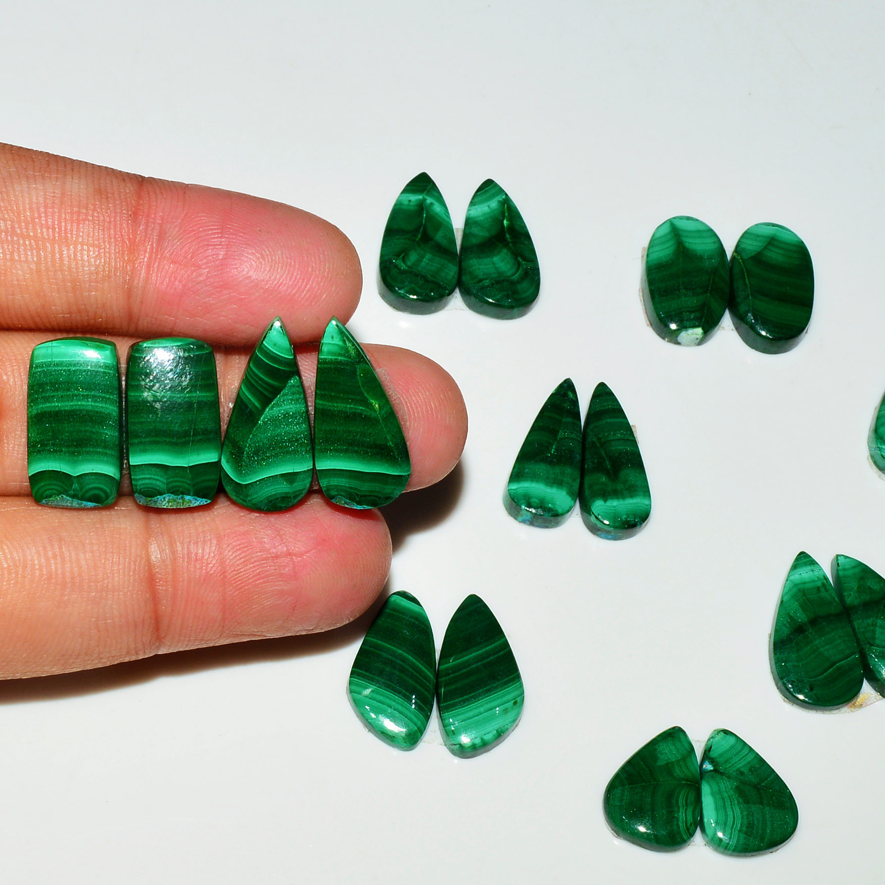 9 Pairs 135Cts Natural Malachite Loose Gemstone Cabochon Pair Lot for Silver Earrings 20x10  12x10mm 19010