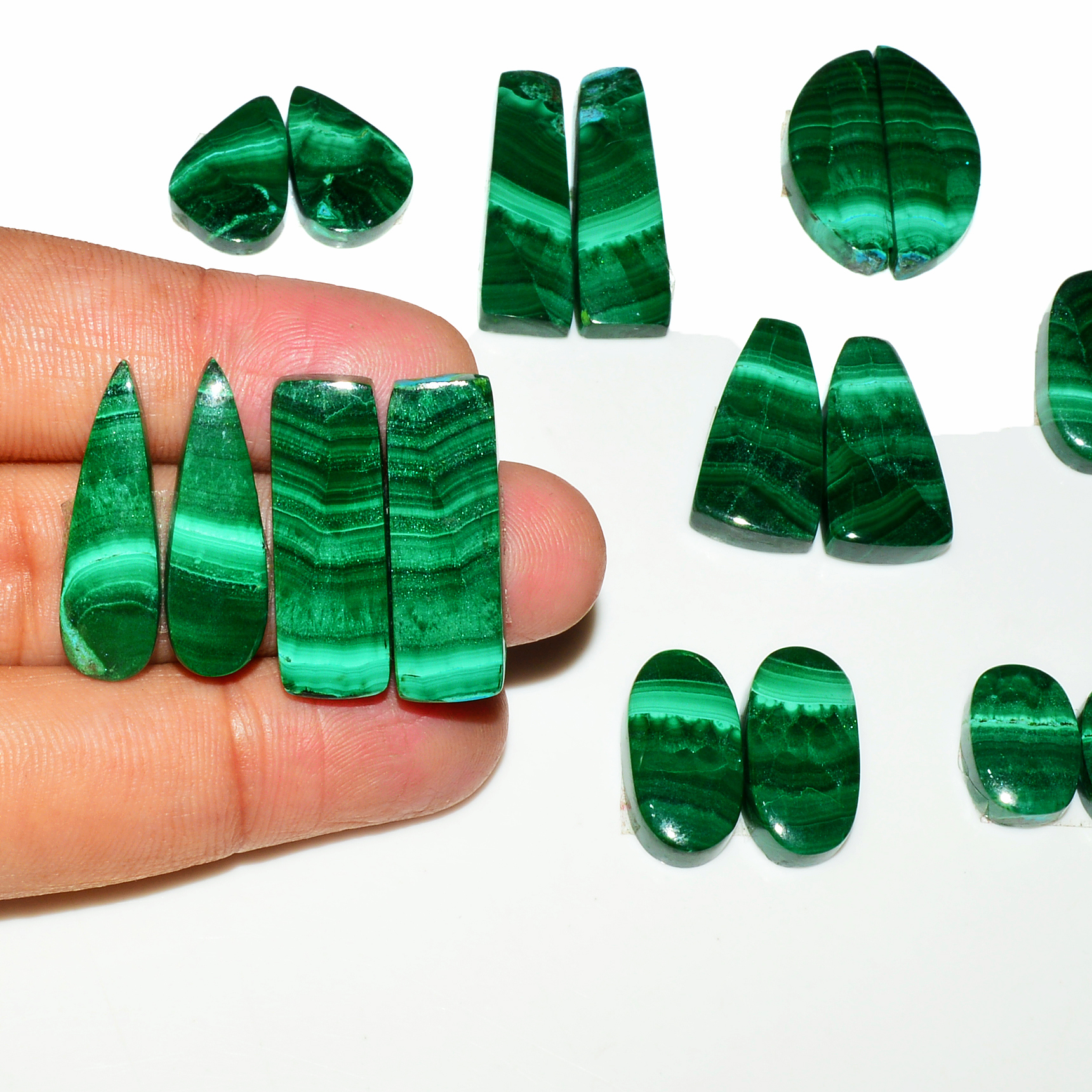 9 Pairs 247Cts Natural Malachite Loose Gemstone Cabochon Pair Lot for Silver Earrings 30x10 13x11mm 19011