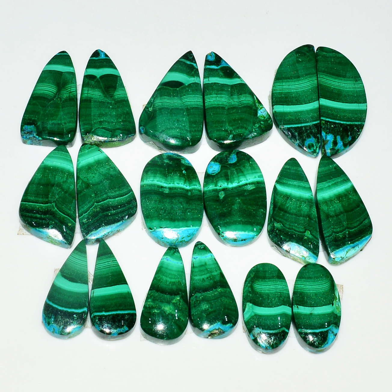 9 Pairs 191Cts Natural Malachite Loose Gemstone Cabochon Pair Lot for Silver Earrings 27x11 16x10mm 19012