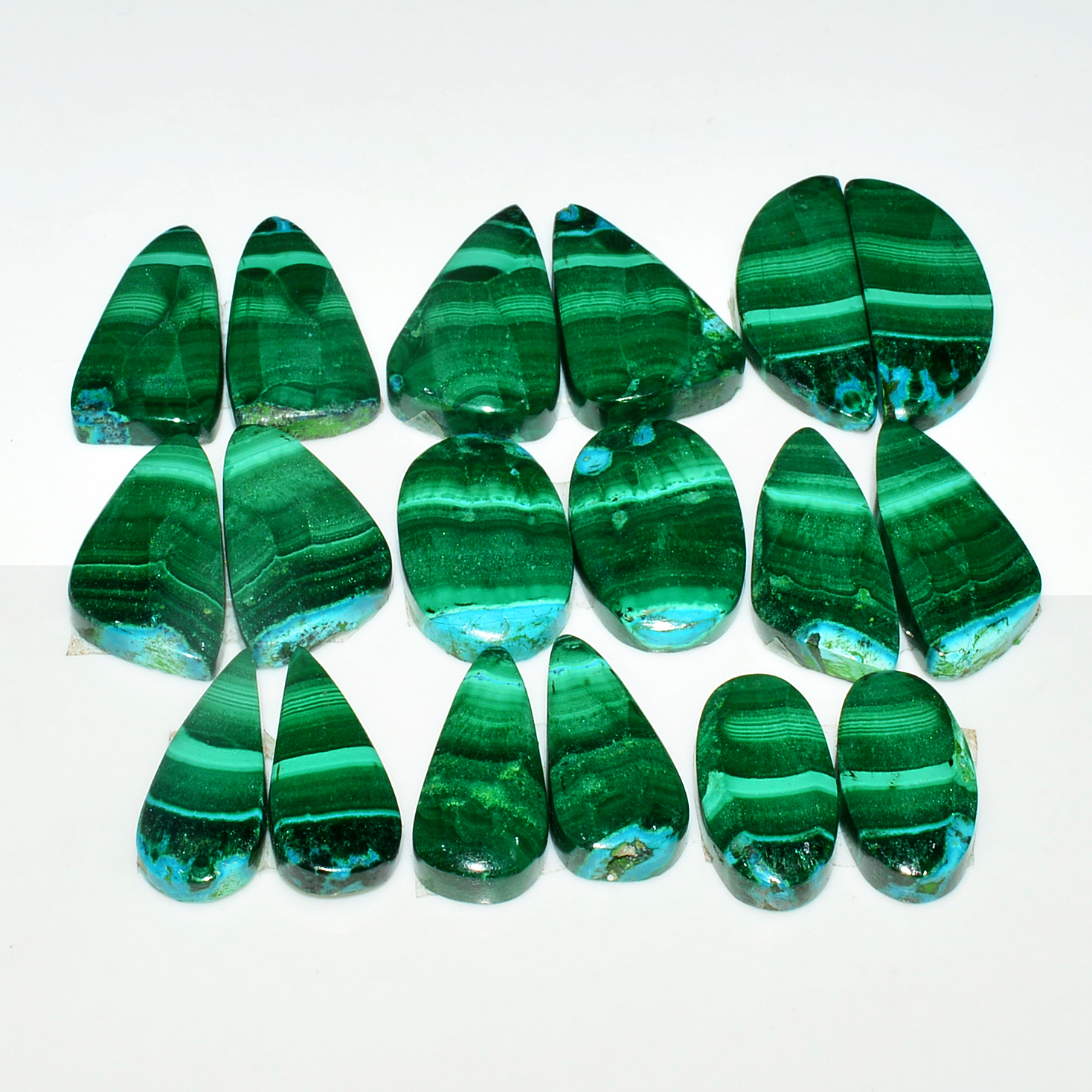 9 Pairs 191Cts Natural Malachite Loose Gemstone Cabochon Pair Lot for Silver Earrings 27x11 16x10mm 19012