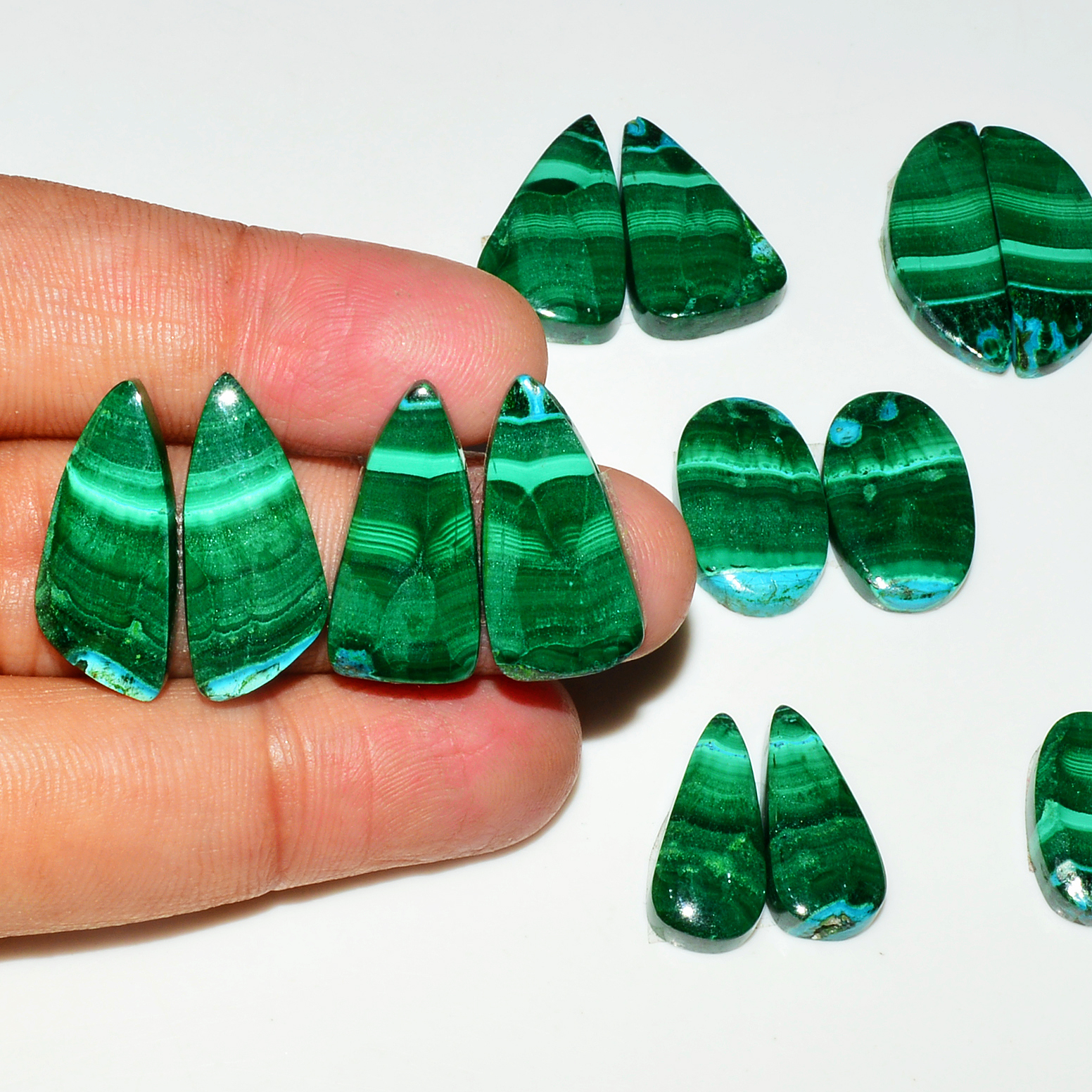 9 Pairs 191Cts Natural Malachite Loose Gemstone Cabochon Pair Lot for Silver Earrings 27x11 16x10mm 19012