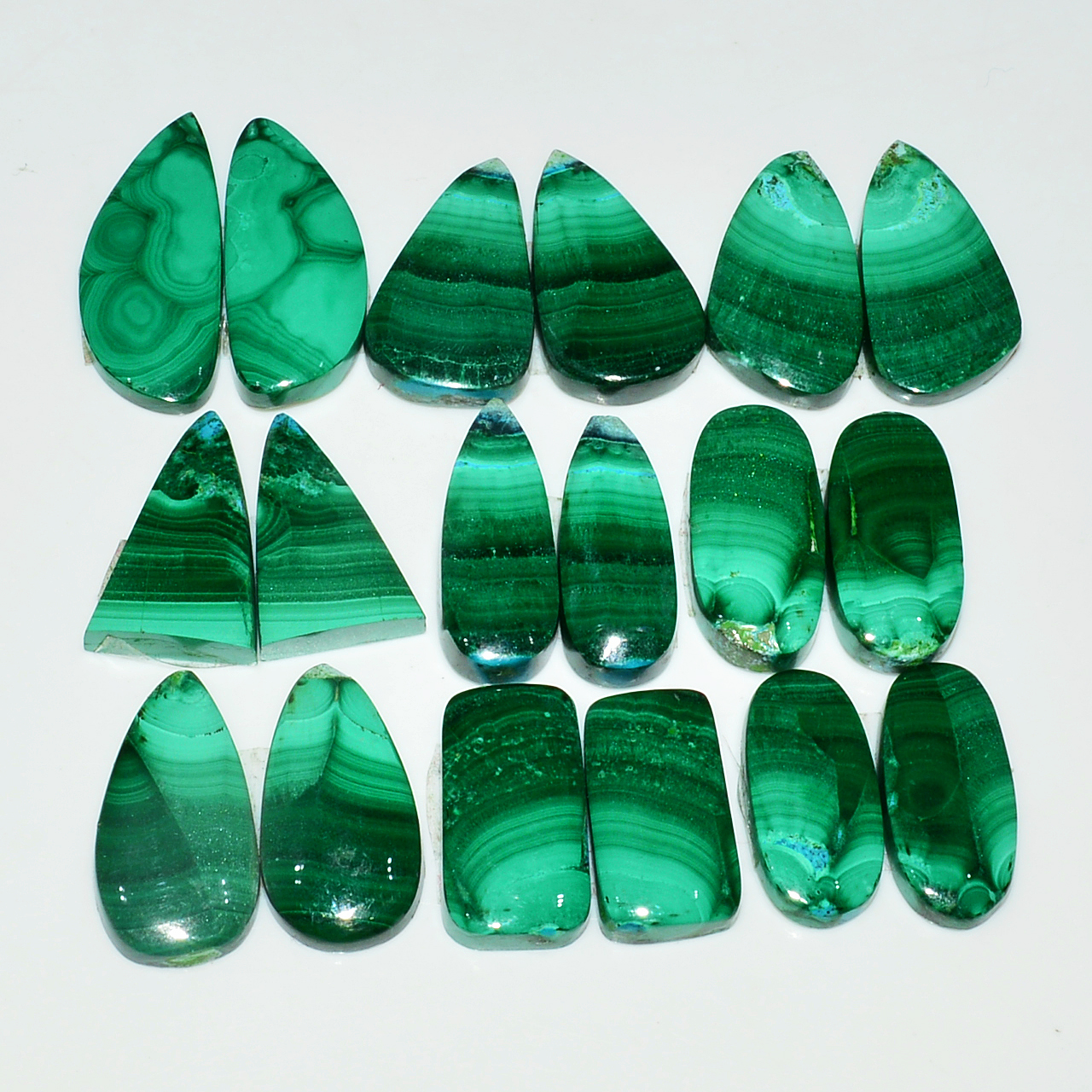 9 Pairs 196Cts Natural Malachite Loose Gemstone Cabochon Pair Lot for Silver Earrings 26x11 20x10mm 19013