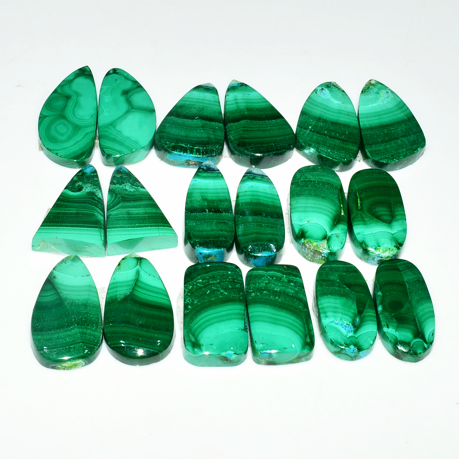 9 Pairs 196Cts Natural Malachite Loose Gemstone Cabochon Pair Lot for Silver Earrings 26x11 20x10mm 19013
