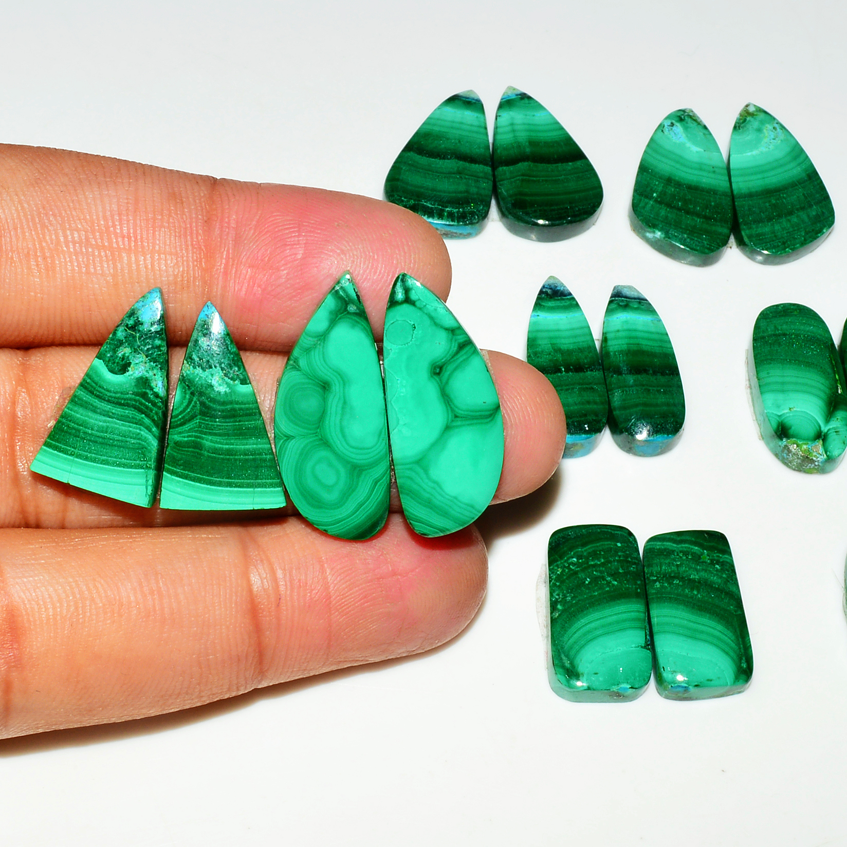 9 Pairs 196Cts Natural Malachite Loose Gemstone Cabochon Pair Lot for Silver Earrings 26x11 20x10mm 19013