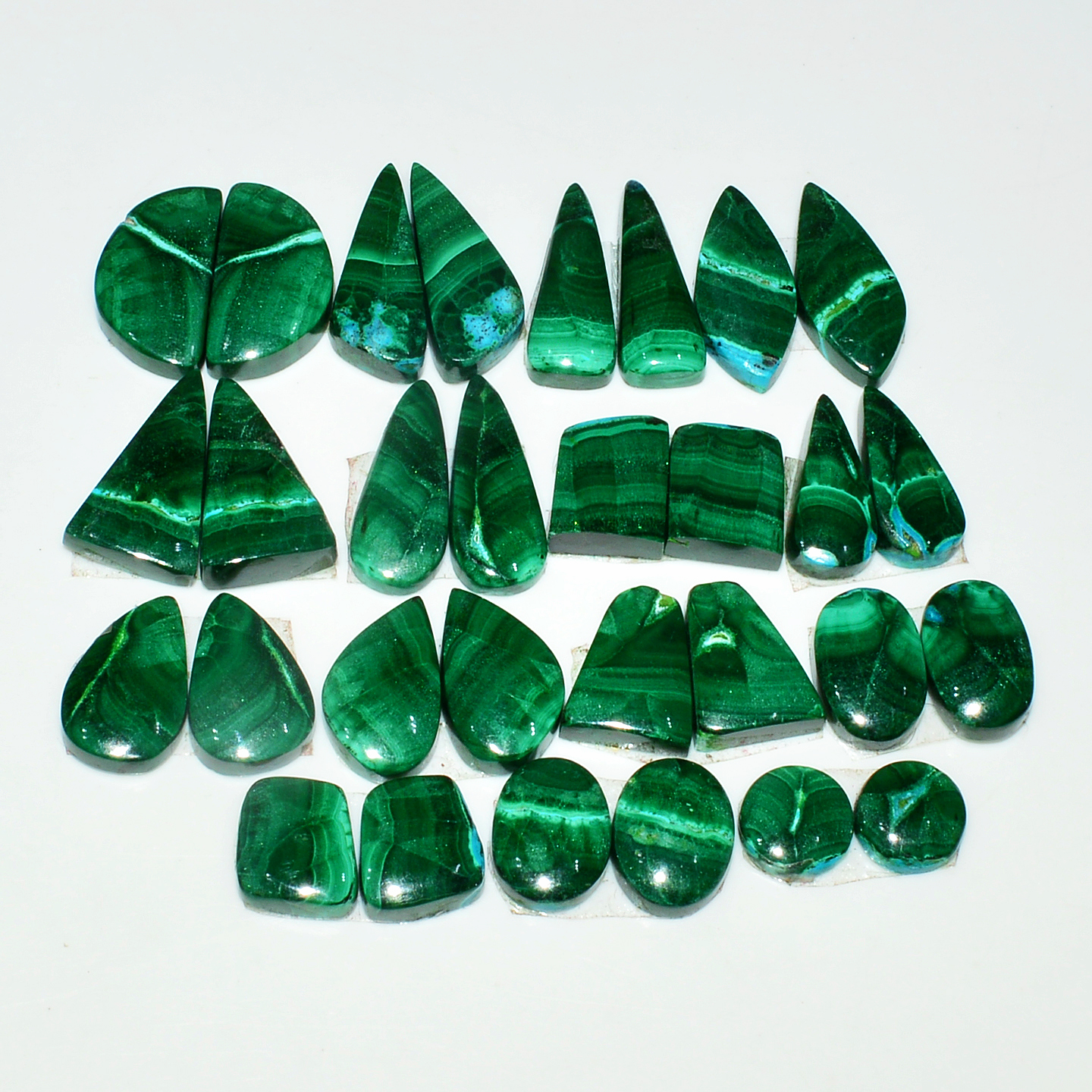 15 Pairs 170Cts Natural Malachite Loose Gemstone Cabochon Pair Lot for Silver Earrings 21x6 7x7mm 19014