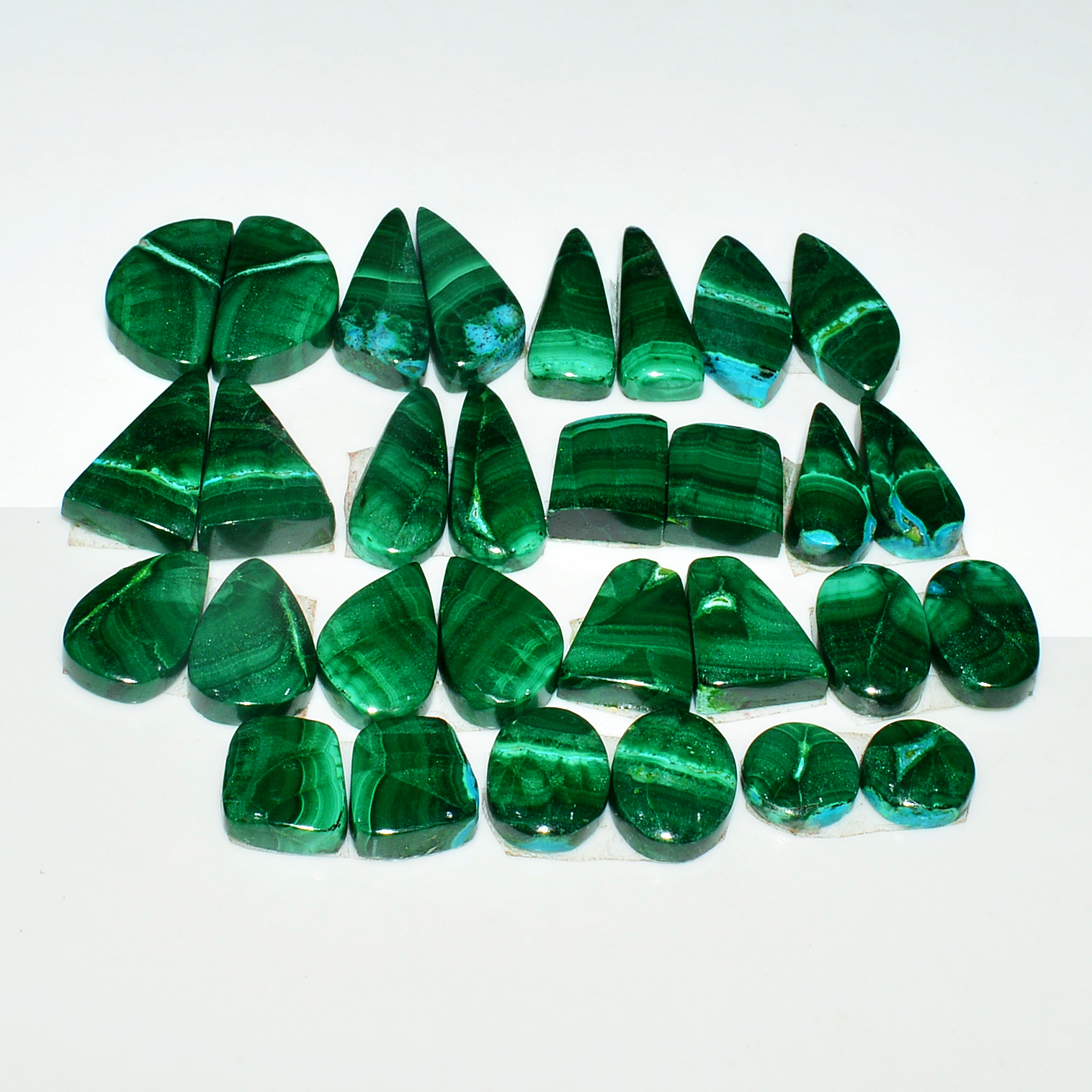15 Pairs 170Cts Natural Malachite Loose Gemstone Cabochon Pair Lot for Silver Earrings 21x6 7x7mm 19014