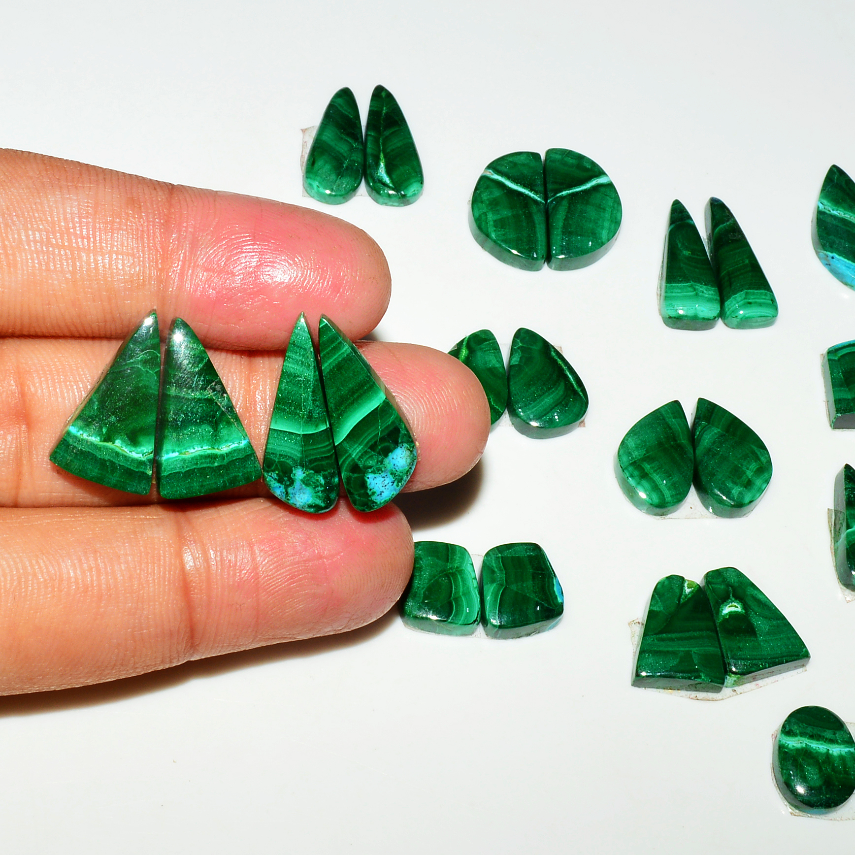 15 Pairs 170Cts Natural Malachite Loose Gemstone Cabochon Pair Lot for Silver Earrings 21x6 7x7mm 19014