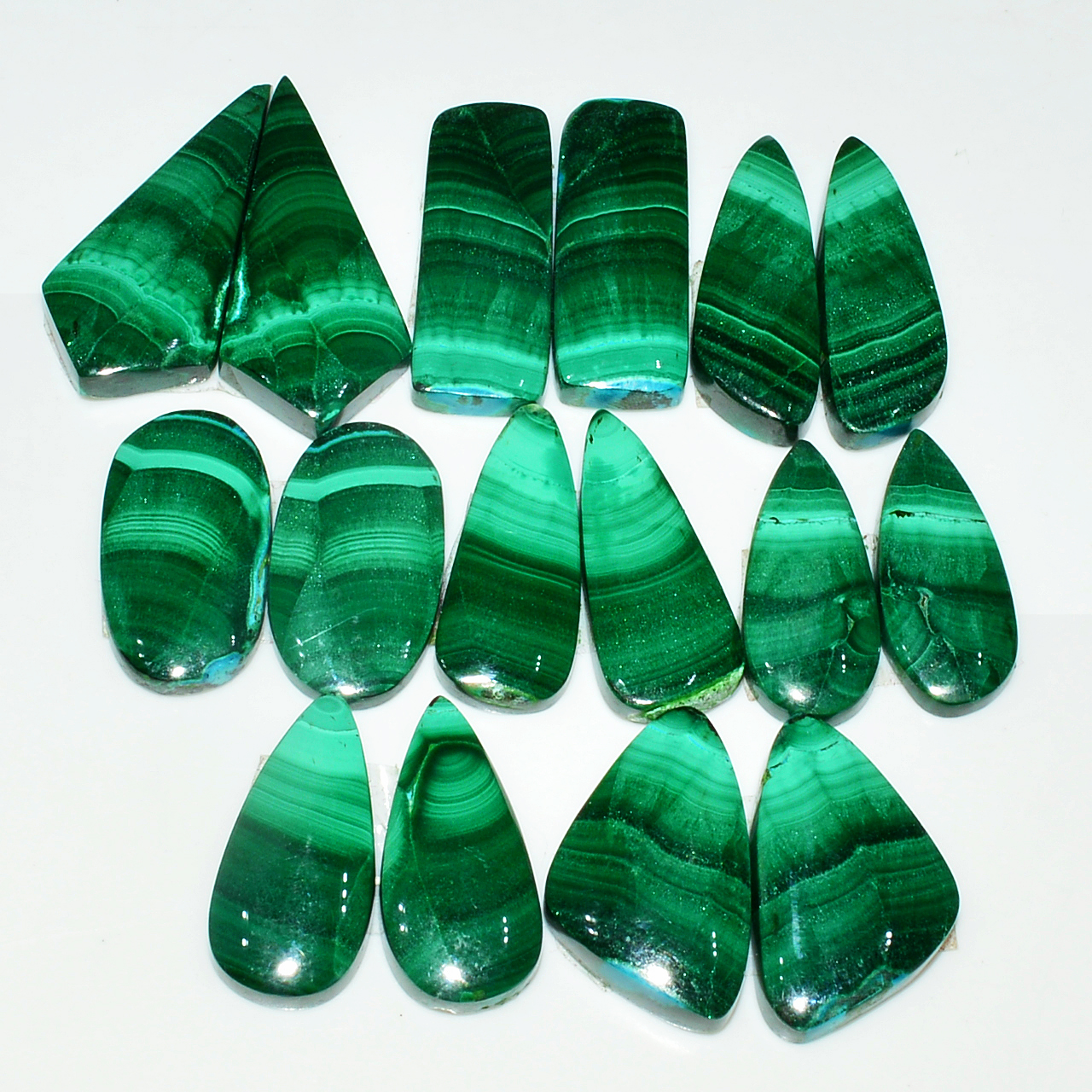 8 Pairs 167Cts Natural Malachite Loose Gemstone Cabochon Pair Lot for Silver Earrings 31x12  21x10mm 19015