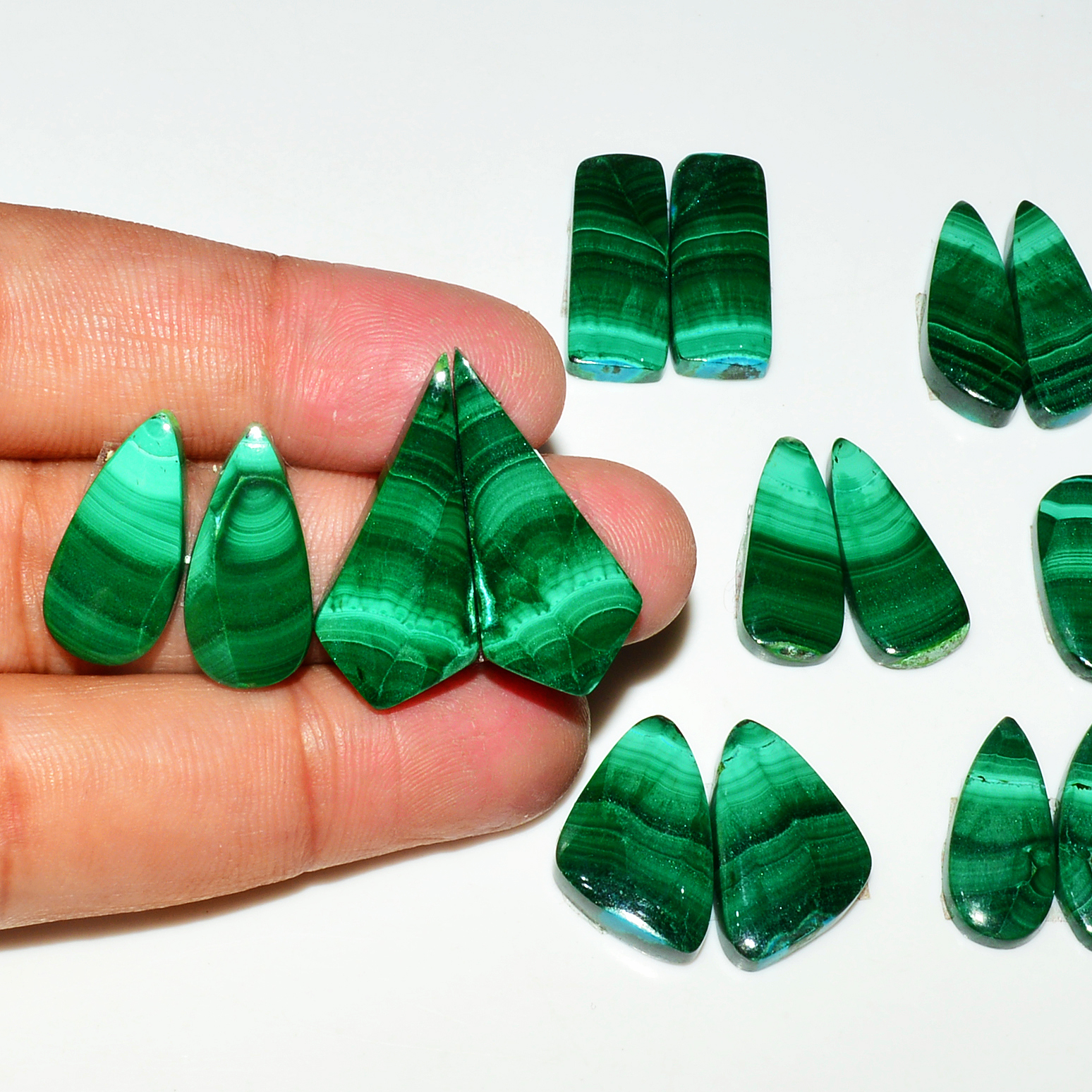8 Pairs 167Cts Natural Malachite Loose Gemstone Cabochon Pair Lot for Silver Earrings 31x12 21x10mm 19015