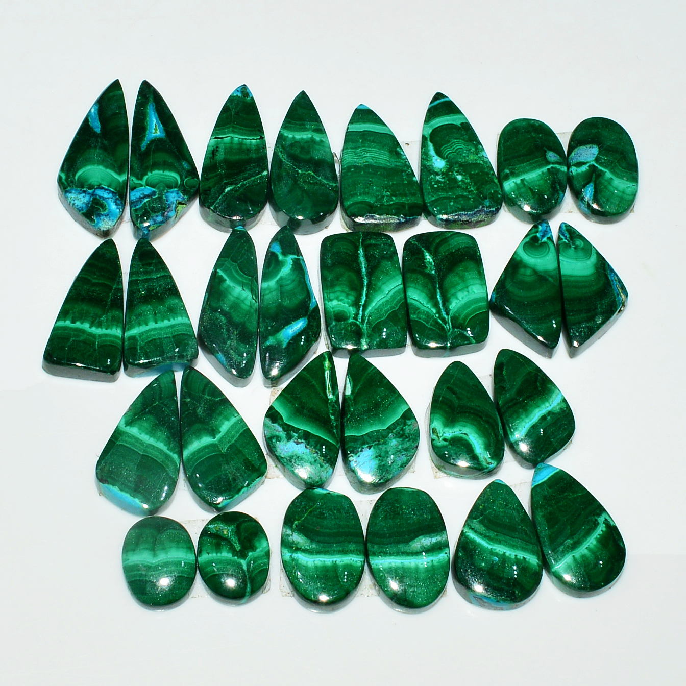 14 Pairs 192Cts Natural Malachite Loose Gemstone Cabochon Pair Lot for Silver Earrings 22x11 10x9mm 19016