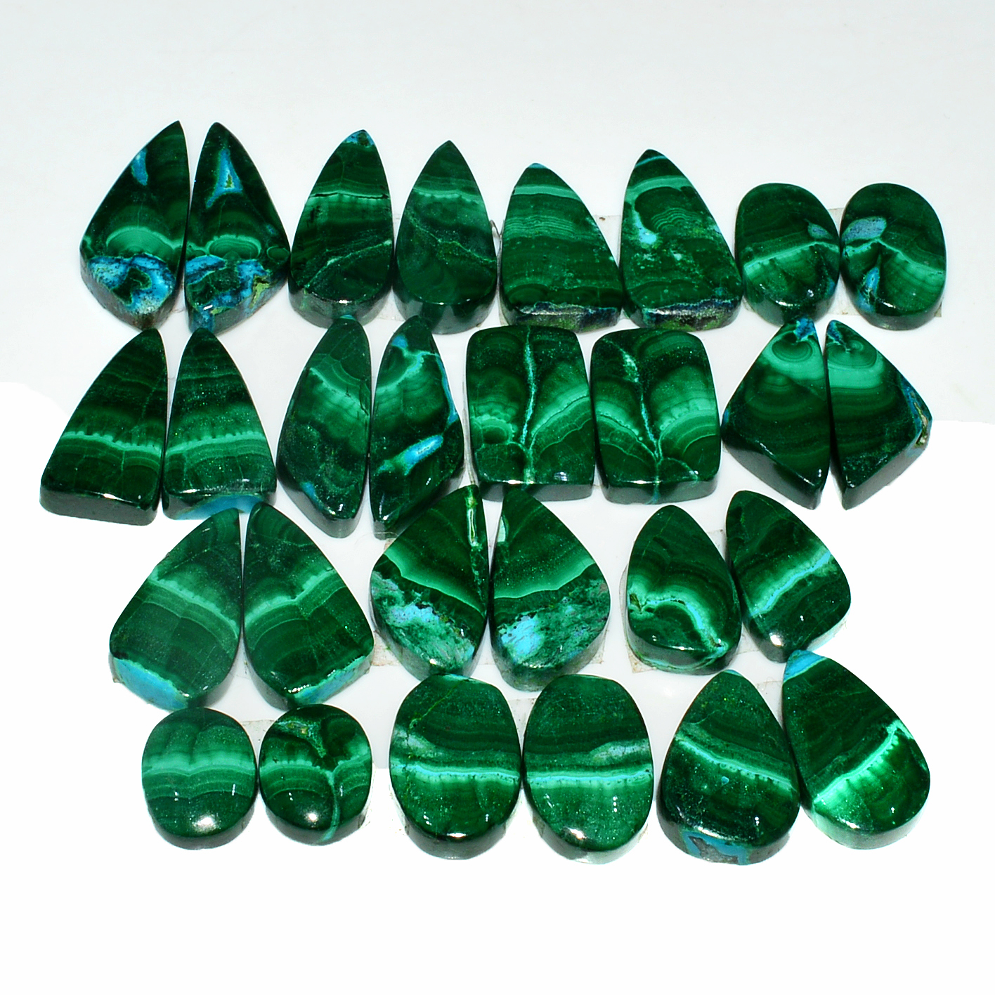 14 Pairs 192Cts Natural Malachite Loose Gemstone Cabochon Pair Lot for Silver Earrings 22x11 10x9mm 19016