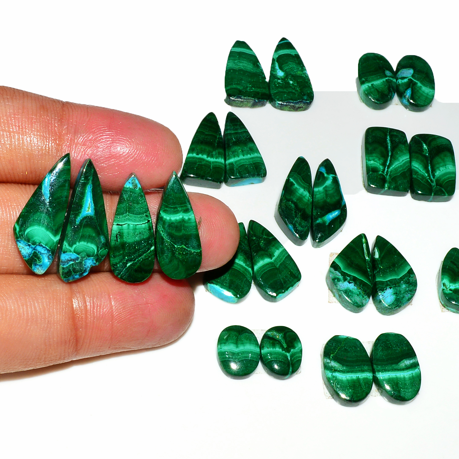 14 Pairs 192Cts Natural Malachite Loose Gemstone Cabochon Pair Lot for Silver Earrings 22x11 10x9mm 19016