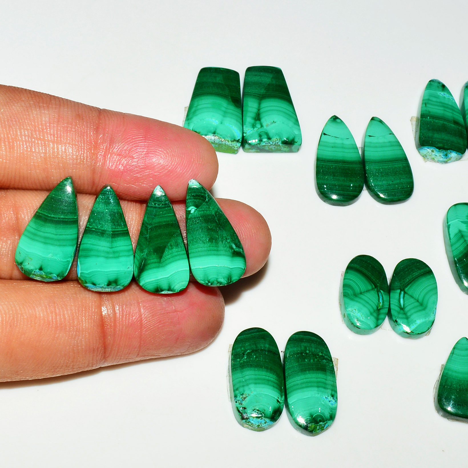 9 Pairs 186Cts Natural Malachite Loose Gemstone Cabochon Pair Lot for Silver Earrings 20x12 19x11mm 19017