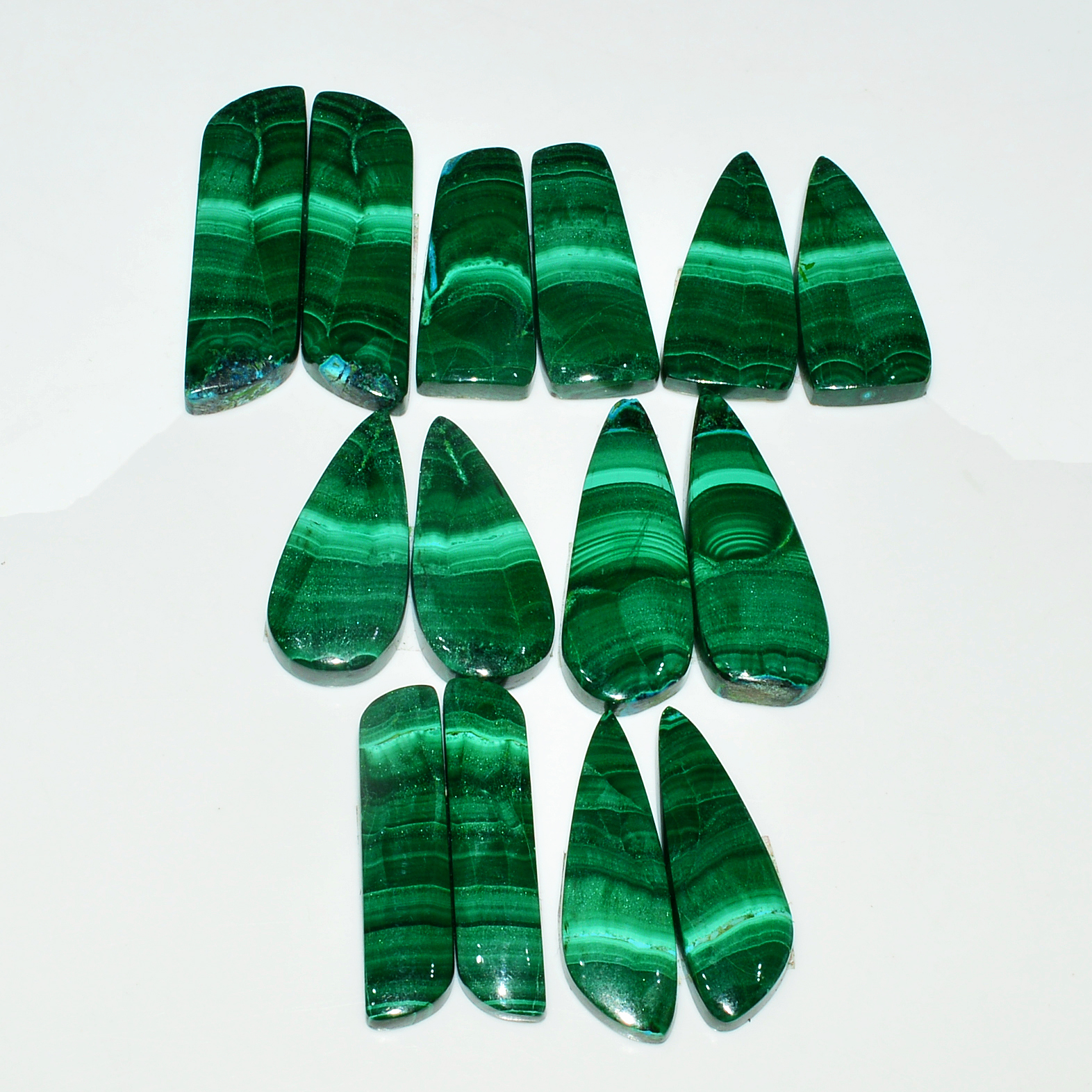 7 Pairs 205Cts Natural Malachite Loose Gemstone Cabochon Pair Lot for Silver Earrings 33x11 27x11mm 19018