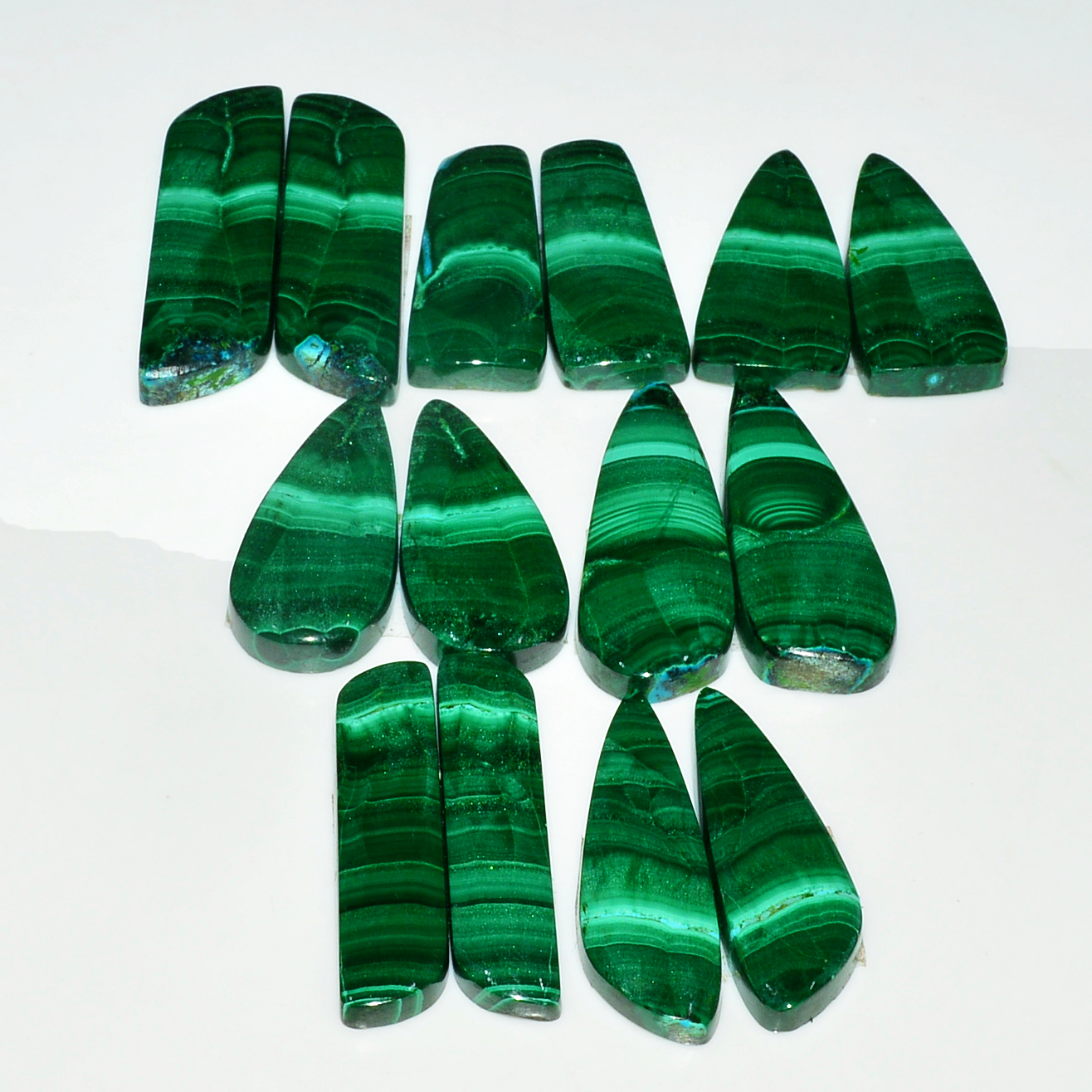 7 Pairs 205Cts Natural Malachite Loose Gemstone Cabochon Pair Lot for Silver Earrings 33x11 27x11mm 19018