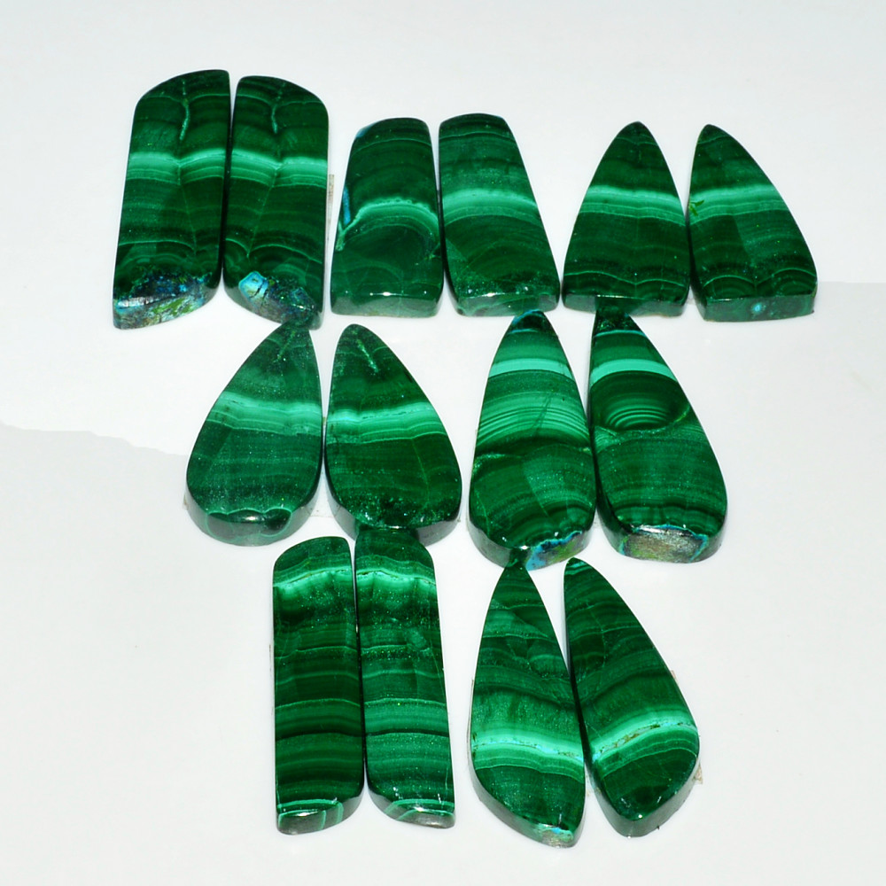 Image of 7 Pairs 205Cts Natural Malachite Loose Gemstone Cabochon Pair Lot for Silver Earrings 33x11  27x11mm #19018