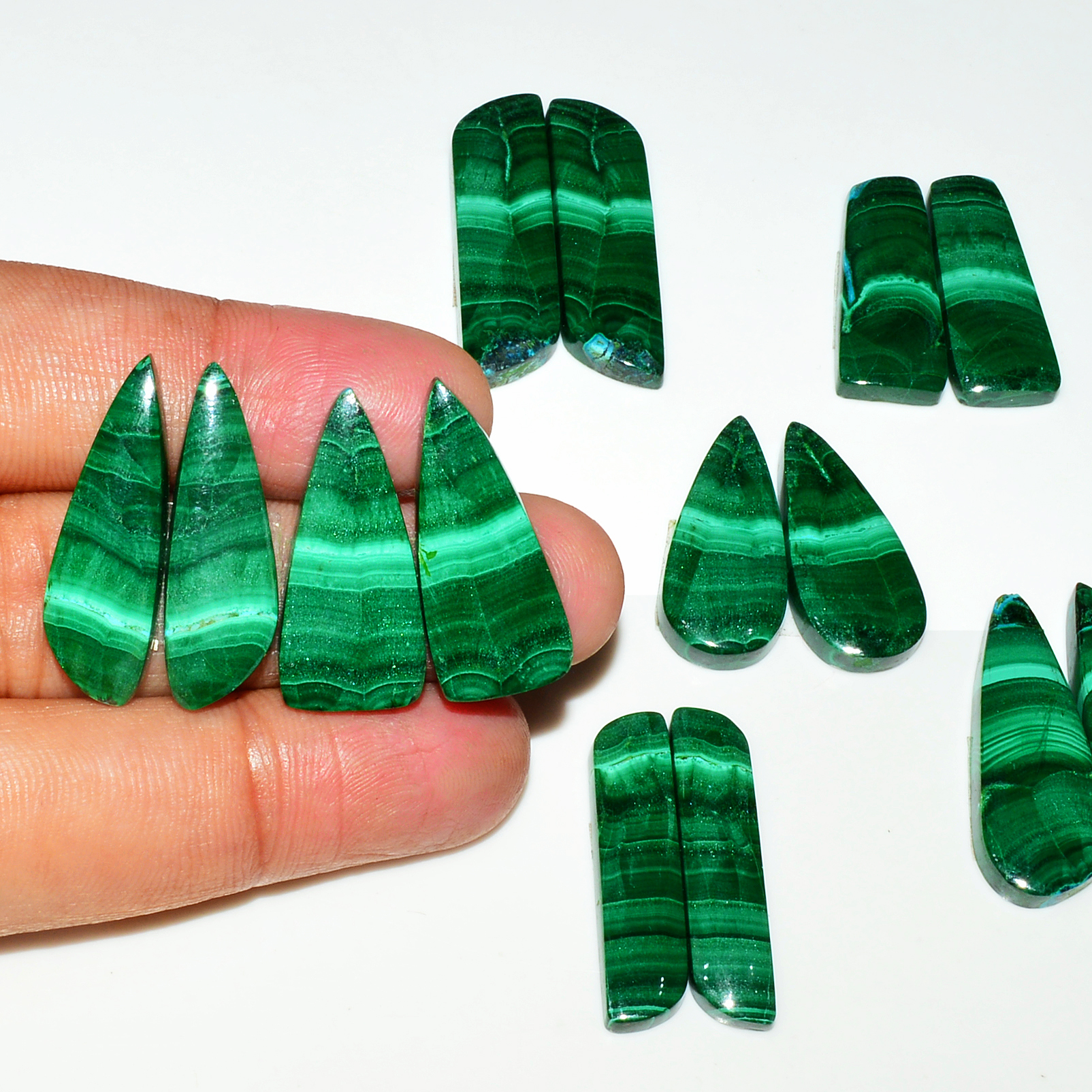 7 Pairs 205Cts Natural Malachite Loose Gemstone Cabochon Pair Lot for Silver Earrings 33x11 27x11mm 19018