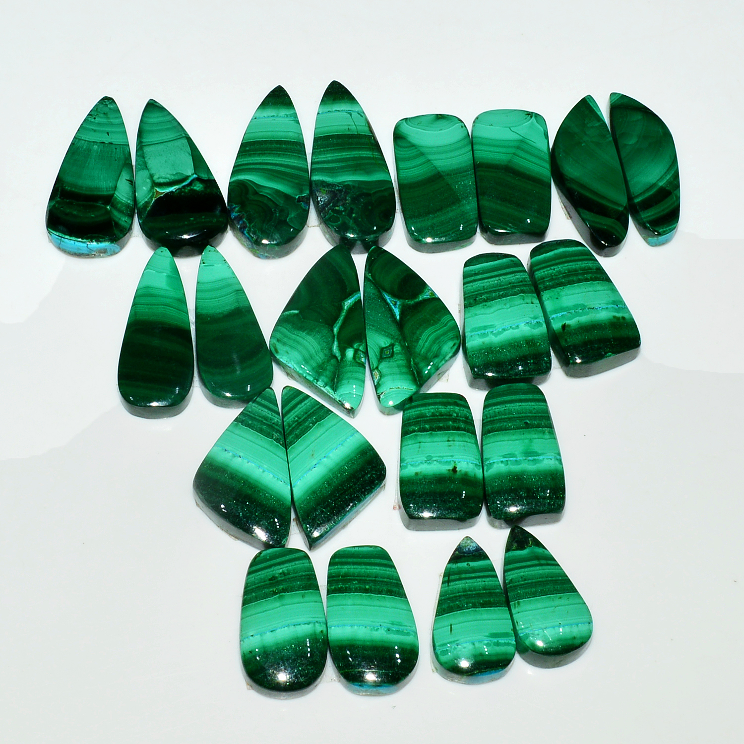 11 Pairs 252Cts Natural Malachite Loose Gemstone Cabochon Pair Lot for Silver Earrings 29x11 26x11mm 19019