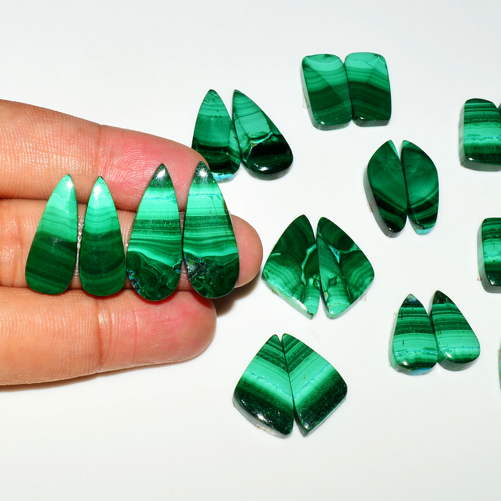 11 Pairs 252Cts Natural Malachite Loose Gemstone Cabochon Pair Lot for Silver Earrings 29x11 26x11mm 19019