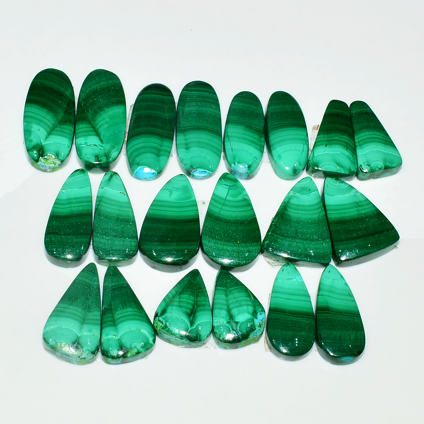 10 Pairs 194Cts Natural Malachite Loose Gemstone Cabochon Pair Lot for Silver Earrings 22x11 15x10mm 19020