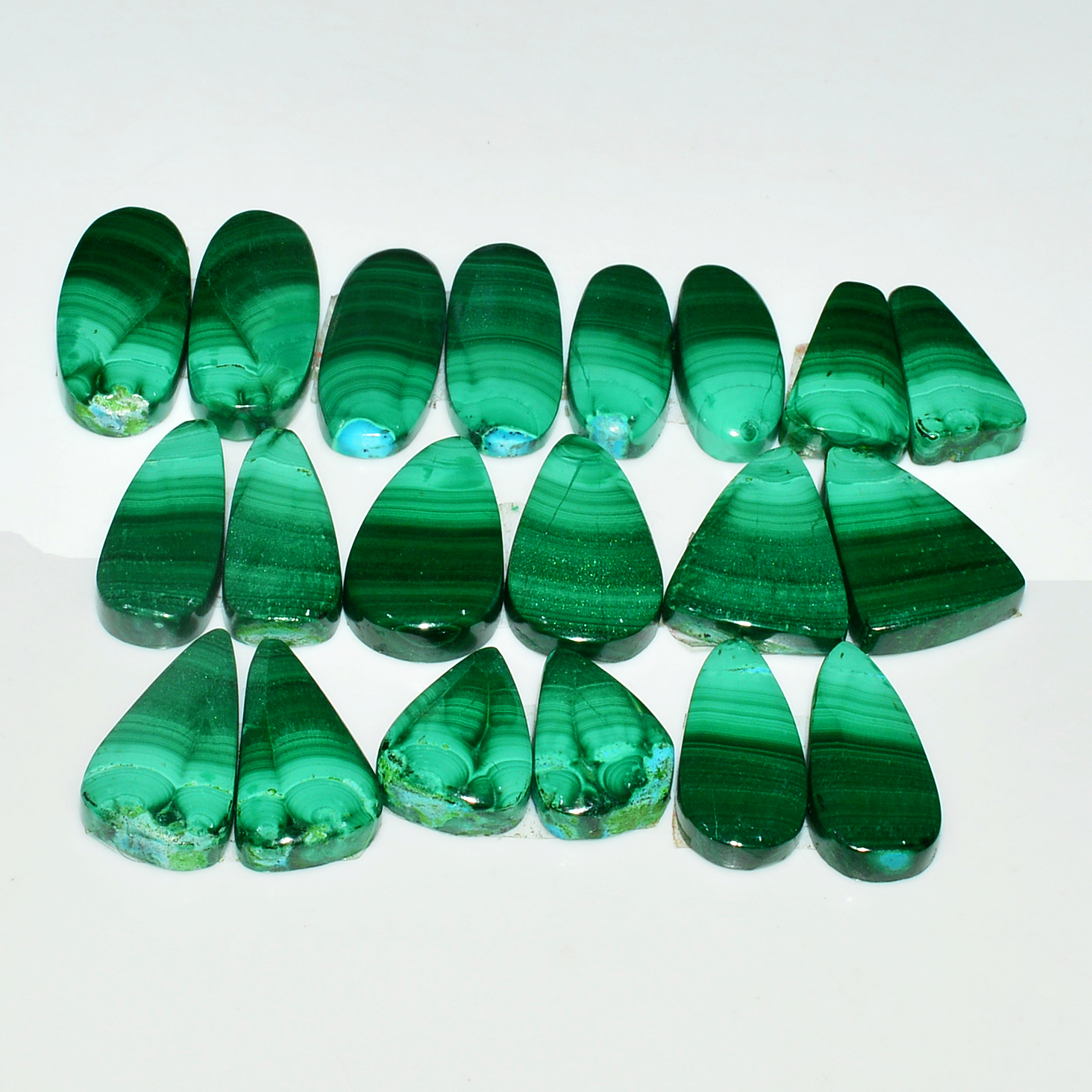 10 Pairs 194Cts Natural Malachite Loose Gemstone Cabochon Pair Lot for Silver Earrings 22x11 15x10mm 19020