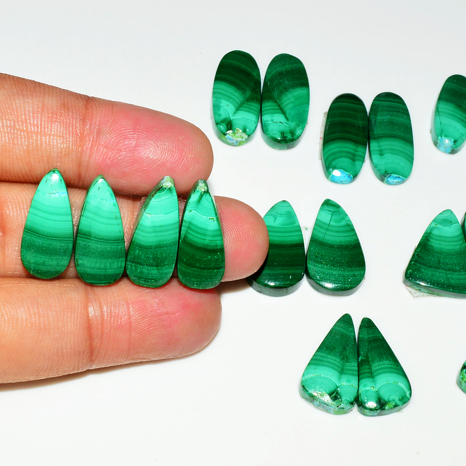 10 Pairs 194Cts Natural Malachite Loose Gemstone Cabochon Pair Lot for Silver Earrings 22x11 15x10mm 19020