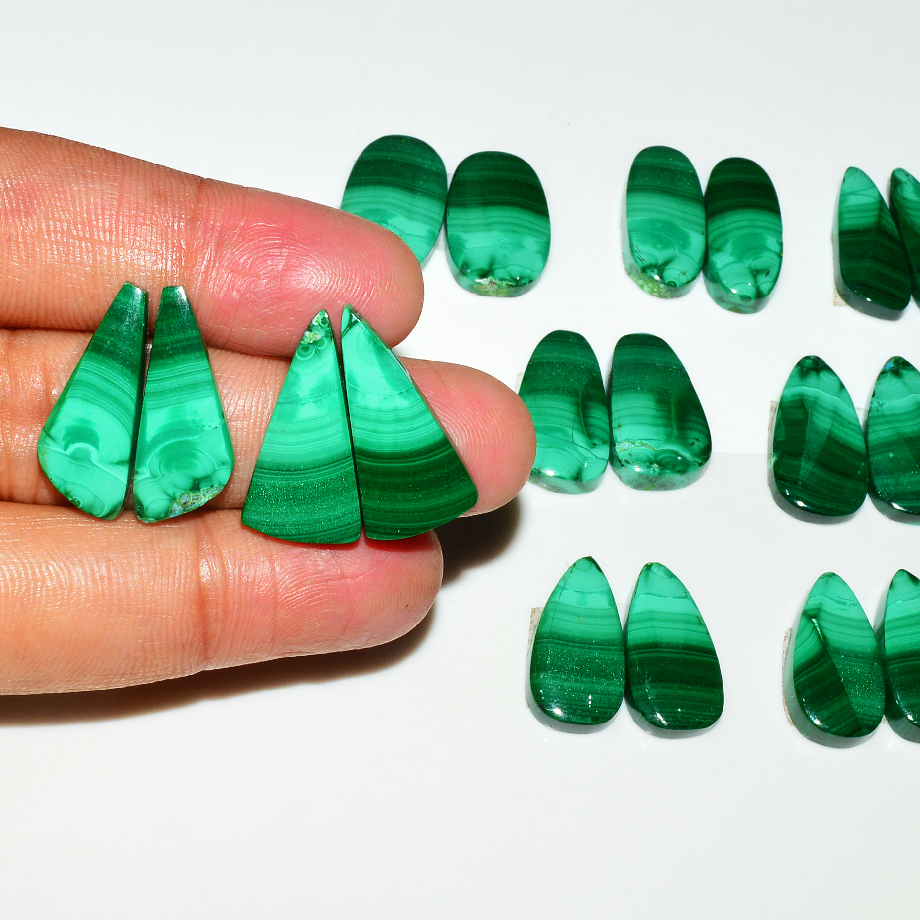 9 Pairs 217Cts Natural Malachite Loose Gemstone Cabochon Pair Lot for Silver Earrings 22x10 20x10mm 19021