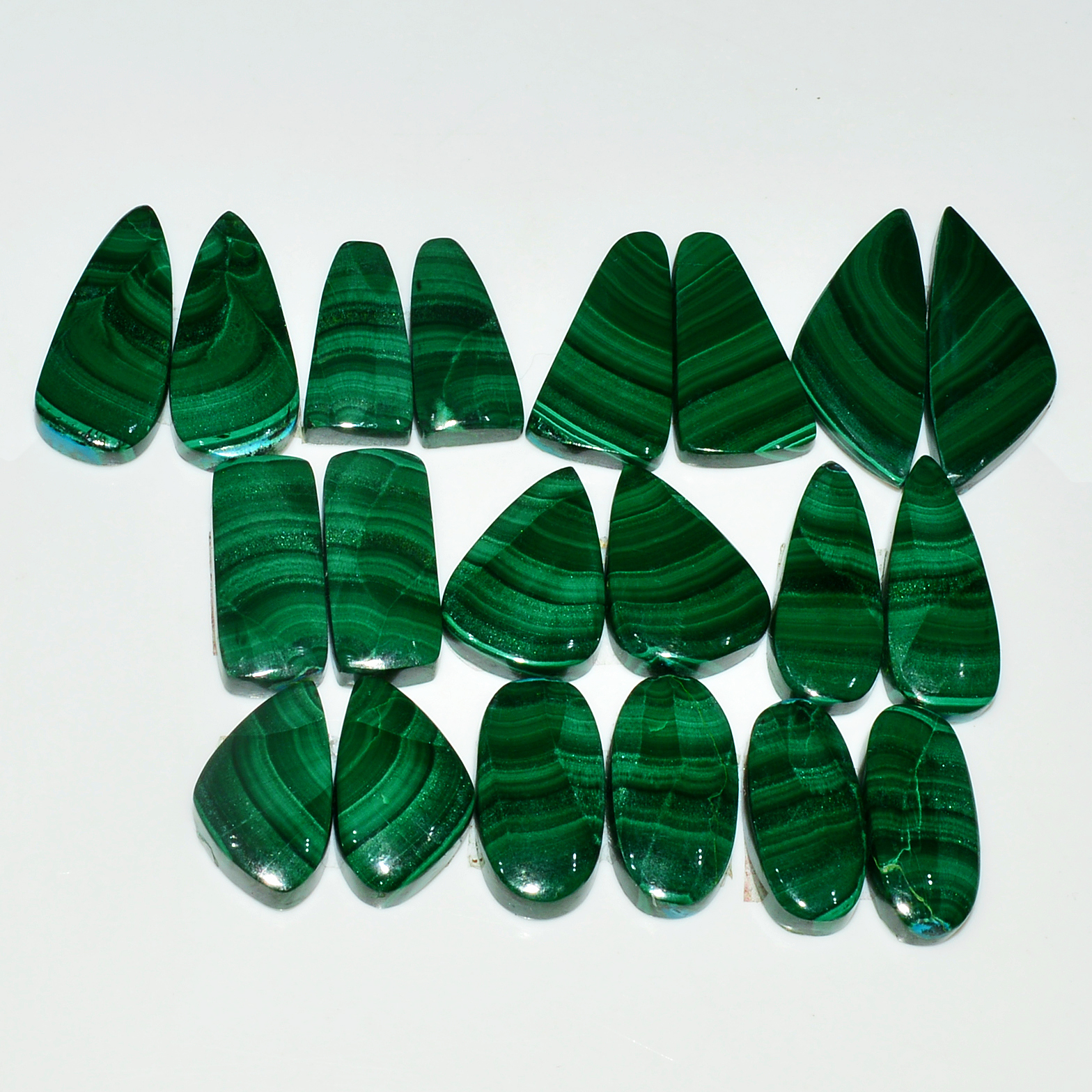 10 Pairs 260Cts Natural Malachite Loose Gemstone Cabochon Pair Lot for Silver Earrings 31x12 20x9mm 19022