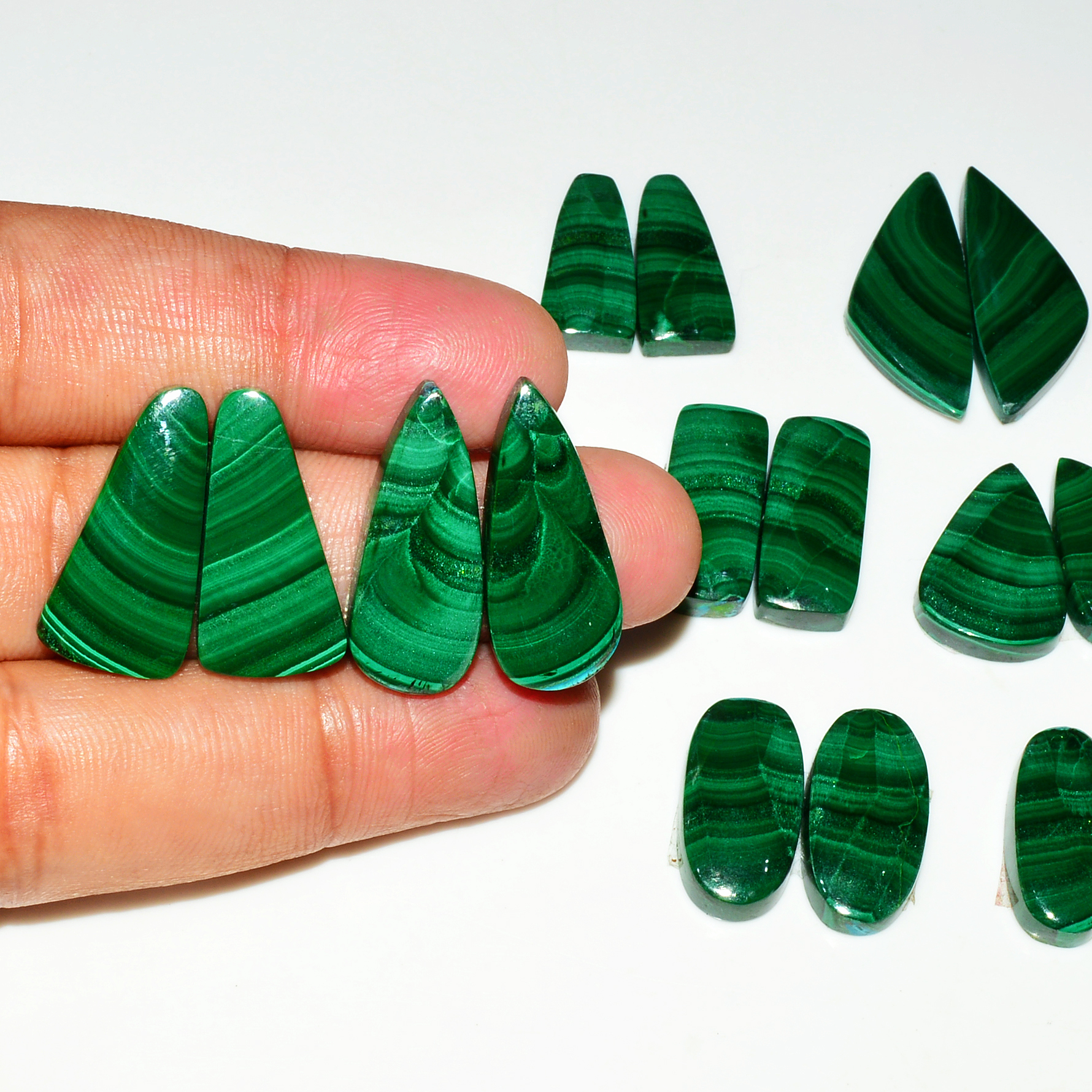 10 Pairs 260Cts Natural Malachite Loose Gemstone Cabochon Pair Lot for Silver Earrings 31x12 20x9mm 19022