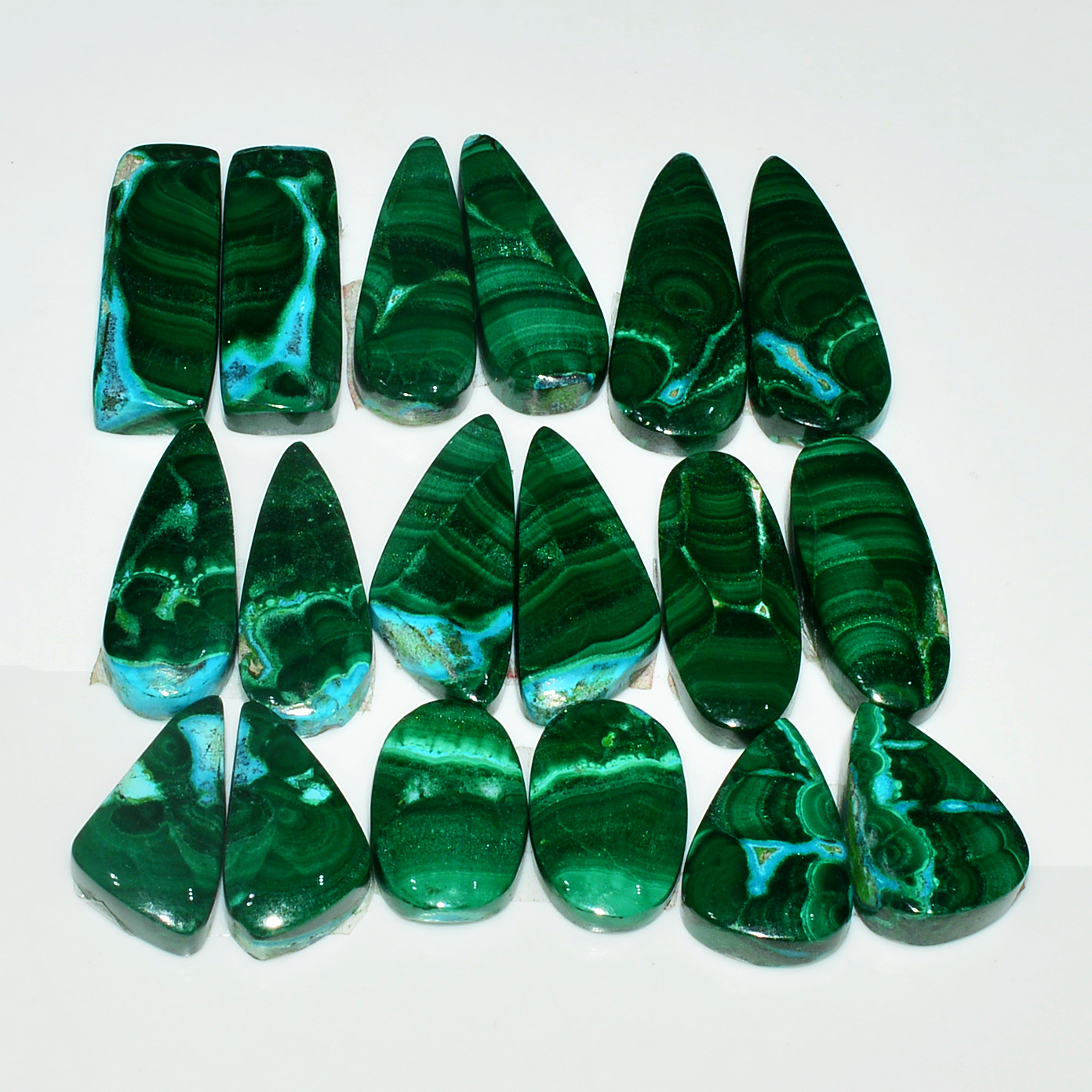 9 Pairs 223Cts Natural Malachite Loose Gemstone Cabochon Pair Lot for Silver Earrings 27x11 19x12mm 19023
