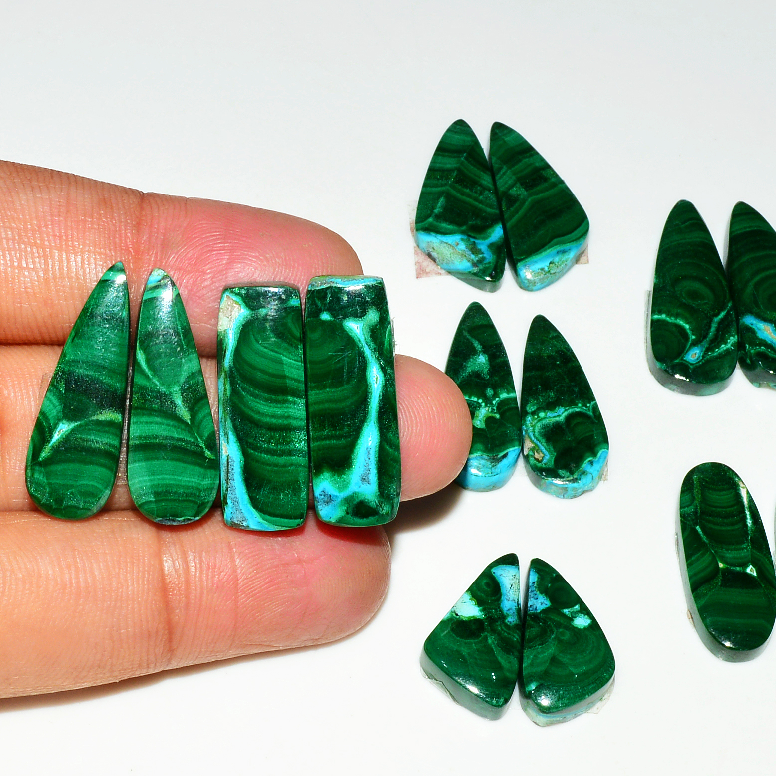 9 Pairs 223Cts Natural Malachite Loose Gemstone Cabochon Pair Lot for Silver Earrings 27x11 19x12mm 19023