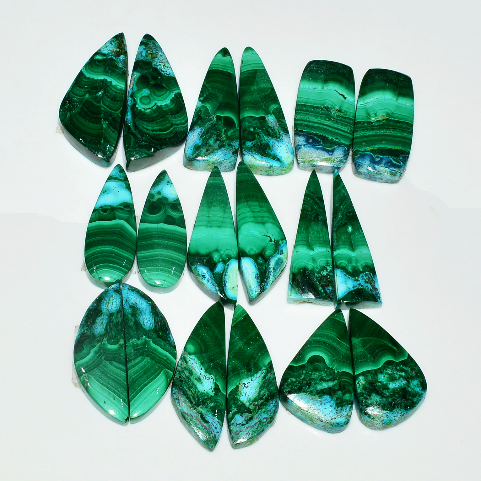 9 Pairs 253Cts Natural Malachite Loose Gemstone Cabochon Pair Lot for Silver Earrings 32x12 22x12mm 19024