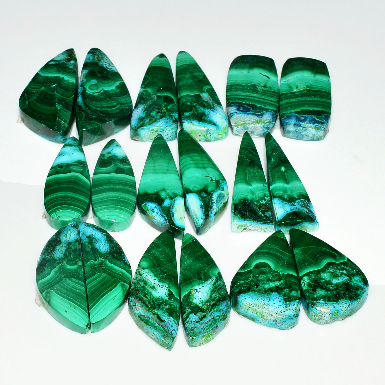 9 Pairs 253Cts Natural Malachite Loose Gemstone Cabochon Pair Lot for Silver Earrings 32x12 22x12mm 19024