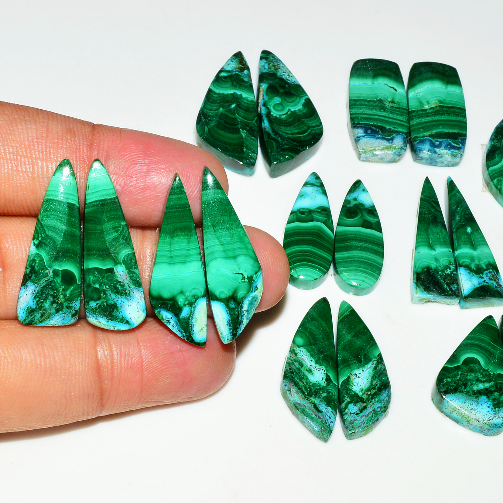 9 Pairs 253Cts Natural Malachite Loose Gemstone Cabochon Pair Lot for Silver Earrings 32x12 22x12mm 19024