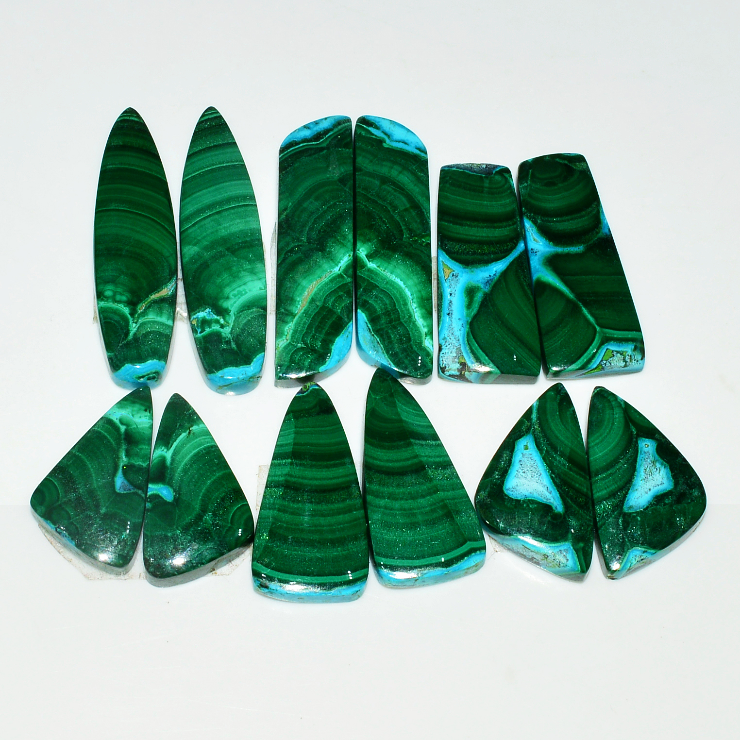 6 Pairs 217Cts Natural Malachite Loose Gemstone Cabochon Pair Lot for Silver Earrings 40x11 25x12mm 19025
