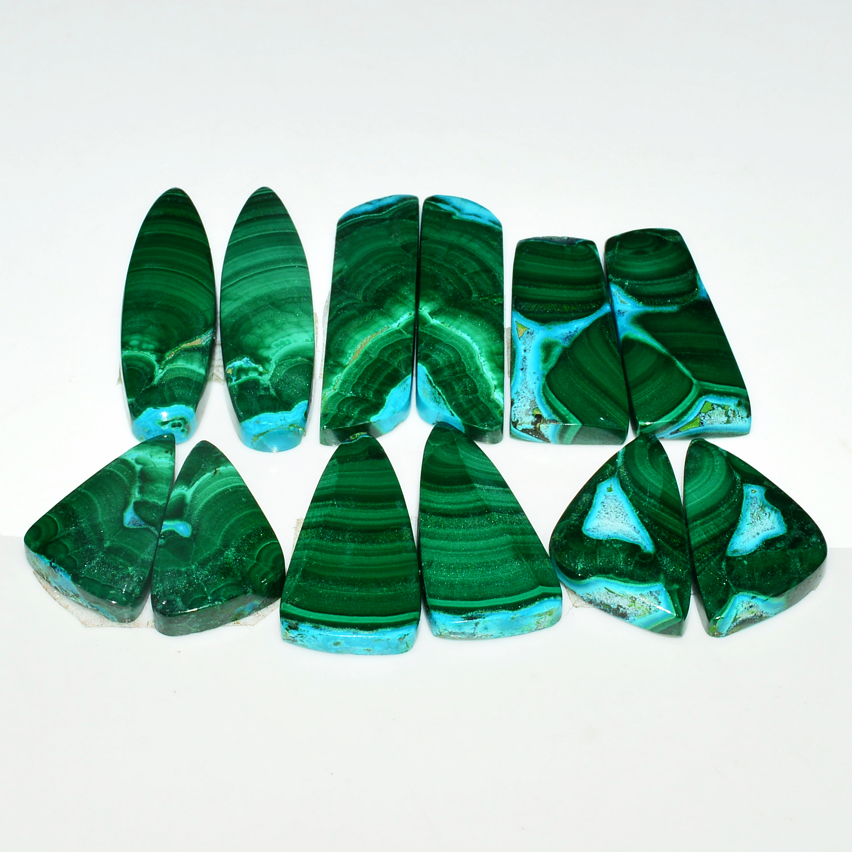 6 Pairs 217Cts Natural Malachite Loose Gemstone Cabochon Pair Lot for Silver Earrings 40x11 25x12mm 19025