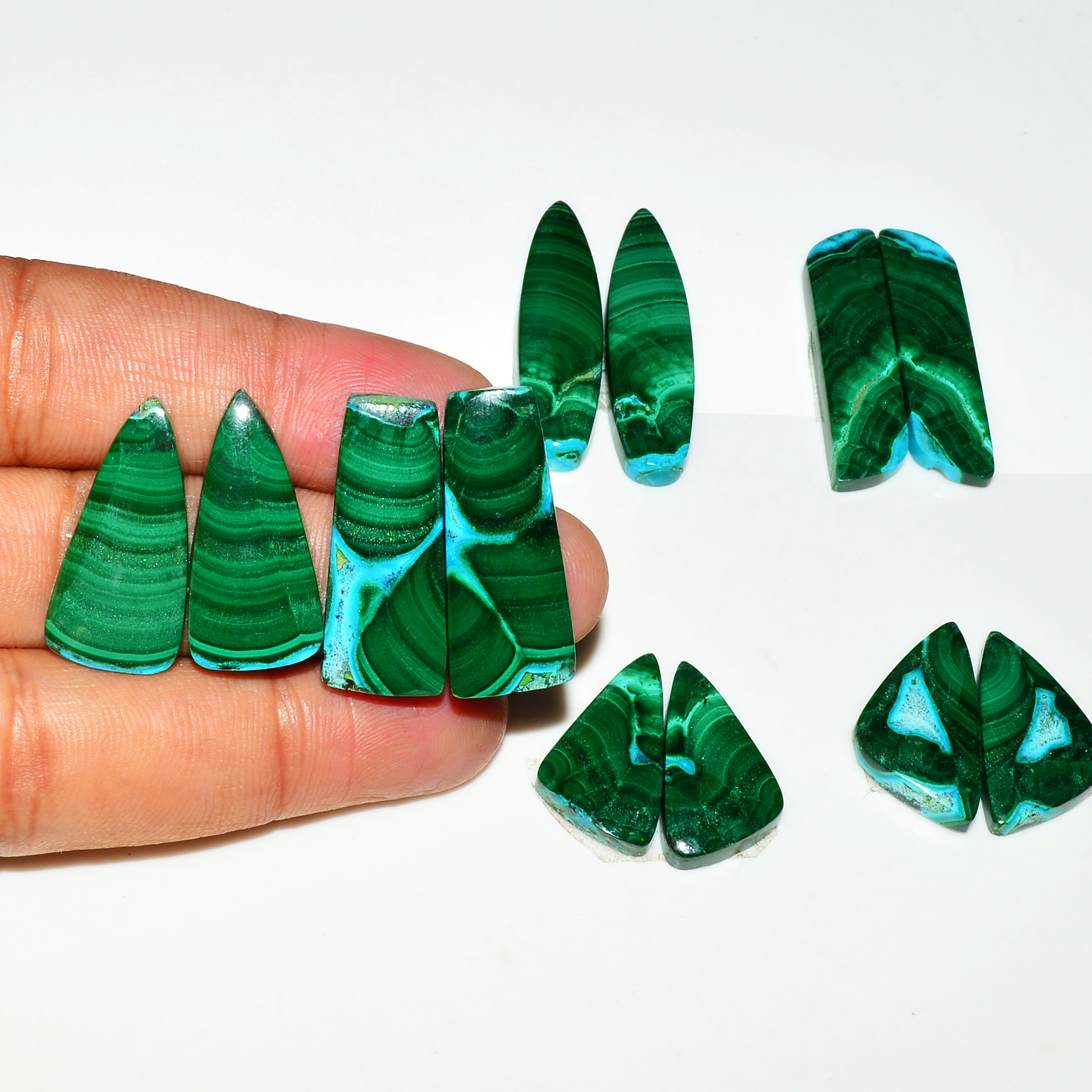 6 Pairs 217Cts Natural Malachite Loose Gemstone Cabochon Pair Lot for Silver Earrings 40x11 25x12mm 19025