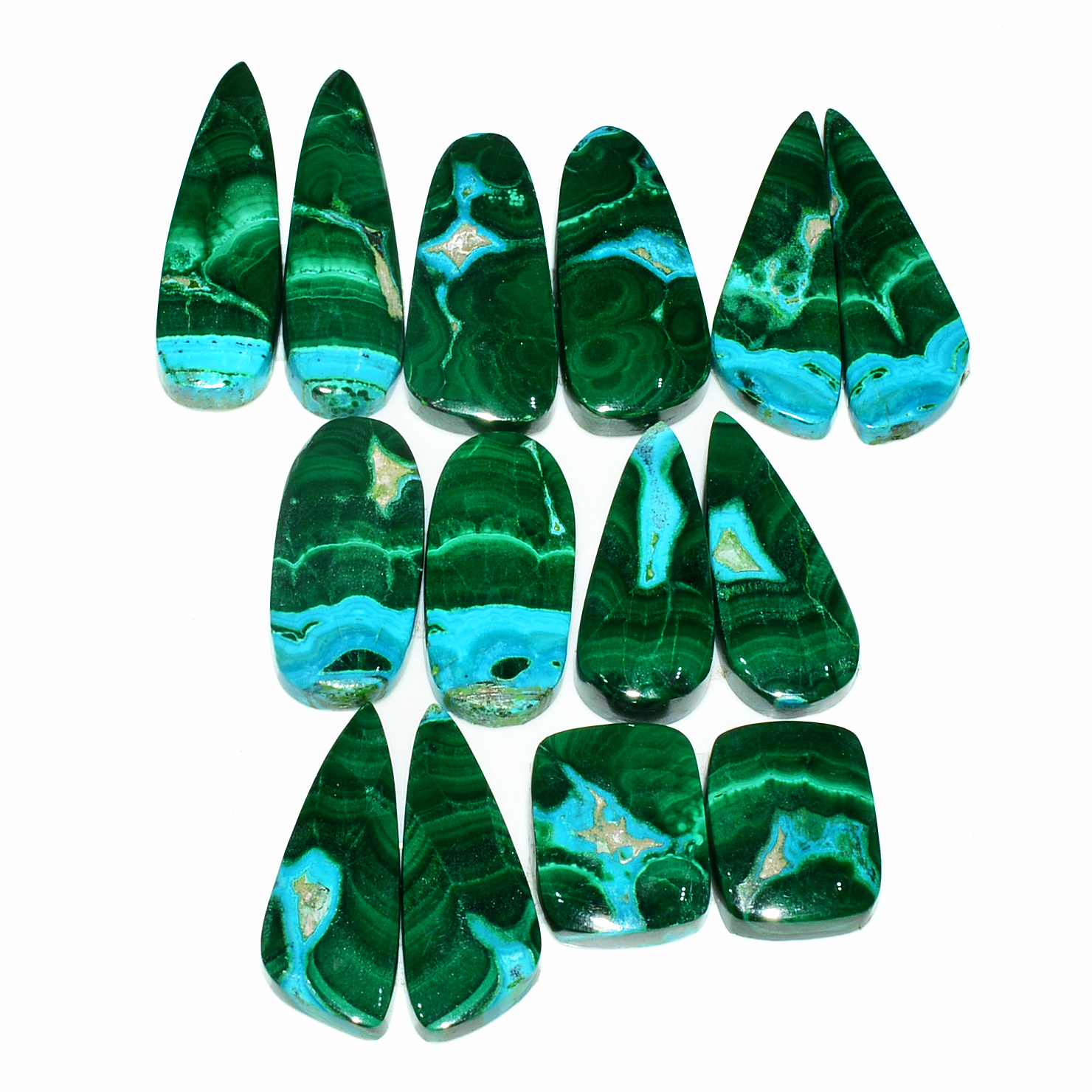 7 Pairs 200Cts Natural Malachite Loose Gemstone Cabochon Pair Lot for Silver Earrings 32x10 15x12mm 19026