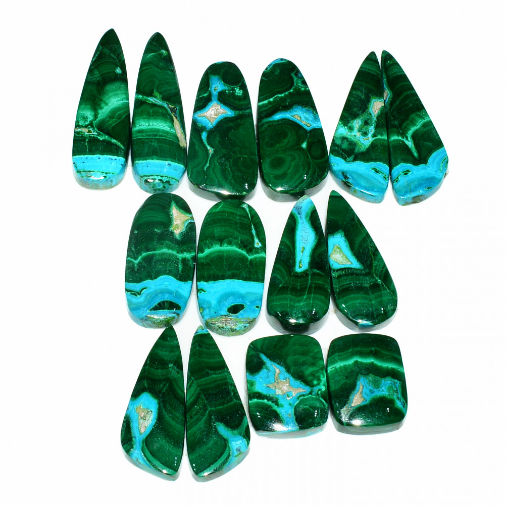 Image of 7 Pairs 200Cts Natural Malachite Loose Gemstone Cabochon Pair Lot for Silver Earrings 32x10  15x12mm #19026