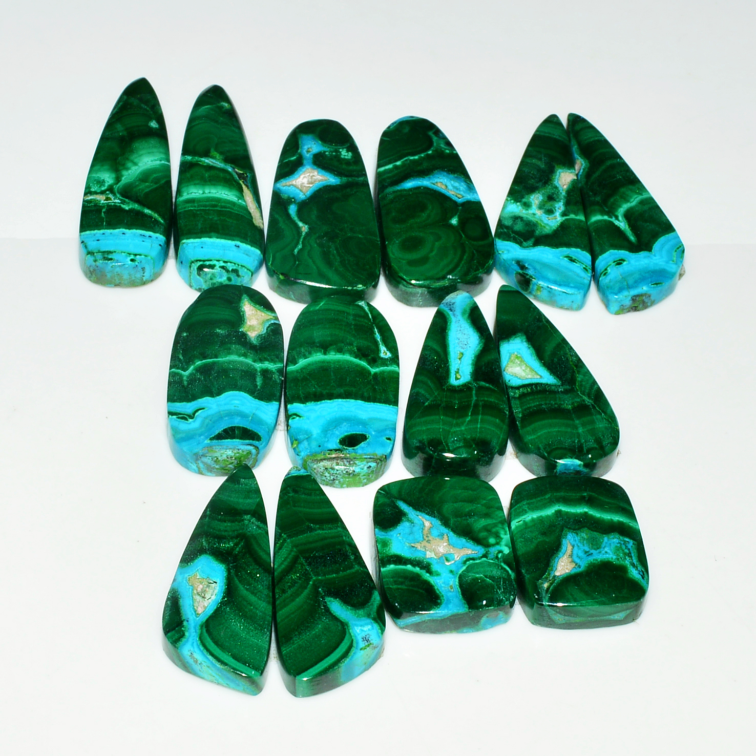 7 Pairs 200Cts Natural Malachite Loose Gemstone Cabochon Pair Lot for Silver Earrings 32x10 15x12mm 19026