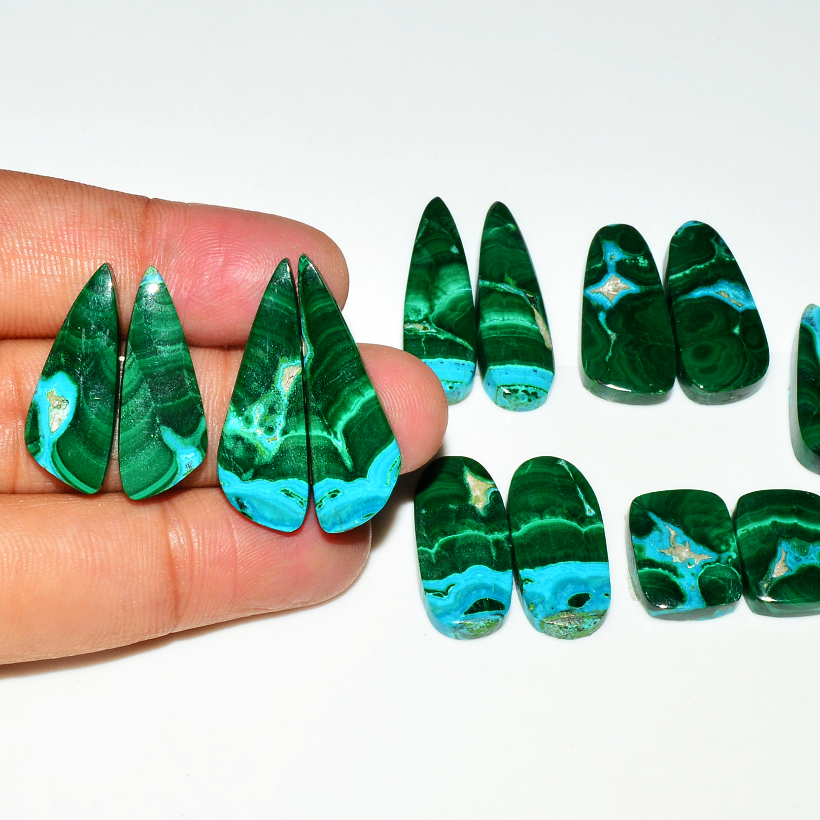 7 Pairs 200Cts Natural Malachite Loose Gemstone Cabochon Pair Lot for Silver Earrings 32x10 15x12mm 19026