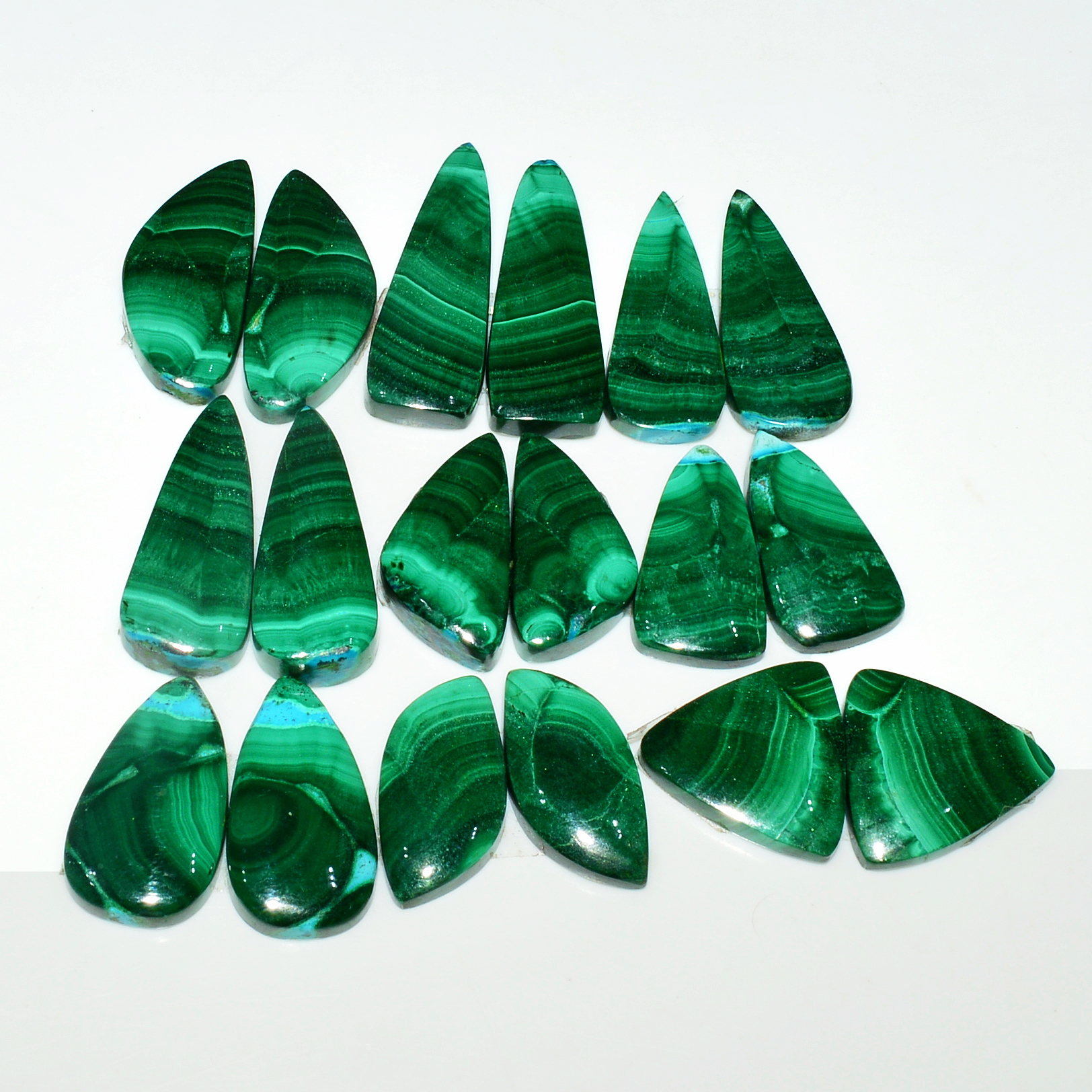 9 Pairs 223Cts Natural Malachite Loose Gemstone Cabochon Pair Lot for Silver Earrings 30x10 19x19mm 19027