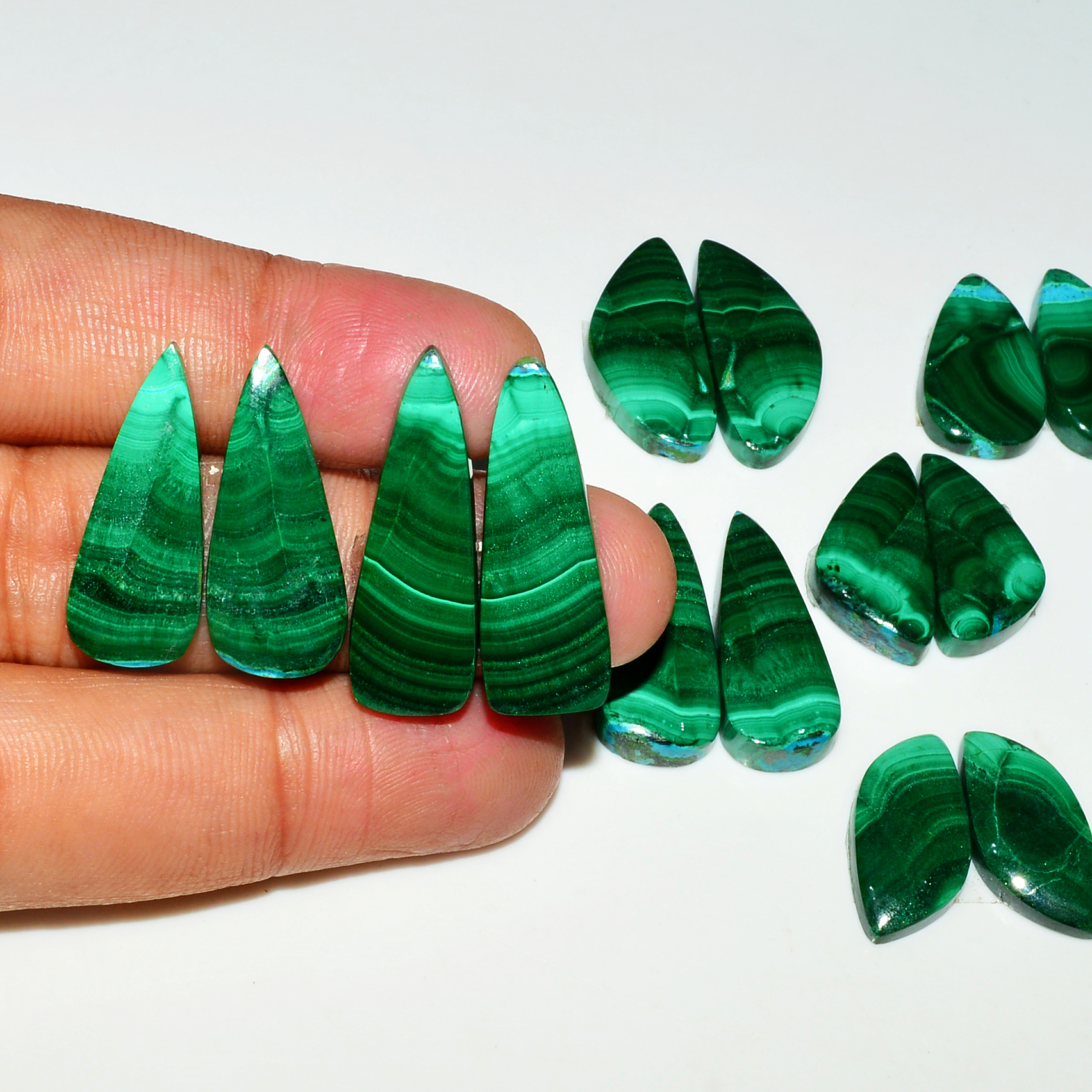 9 Pairs 223Cts Natural Malachite Loose Gemstone Cabochon Pair Lot for Silver Earrings 30x10 19x19mm 19027