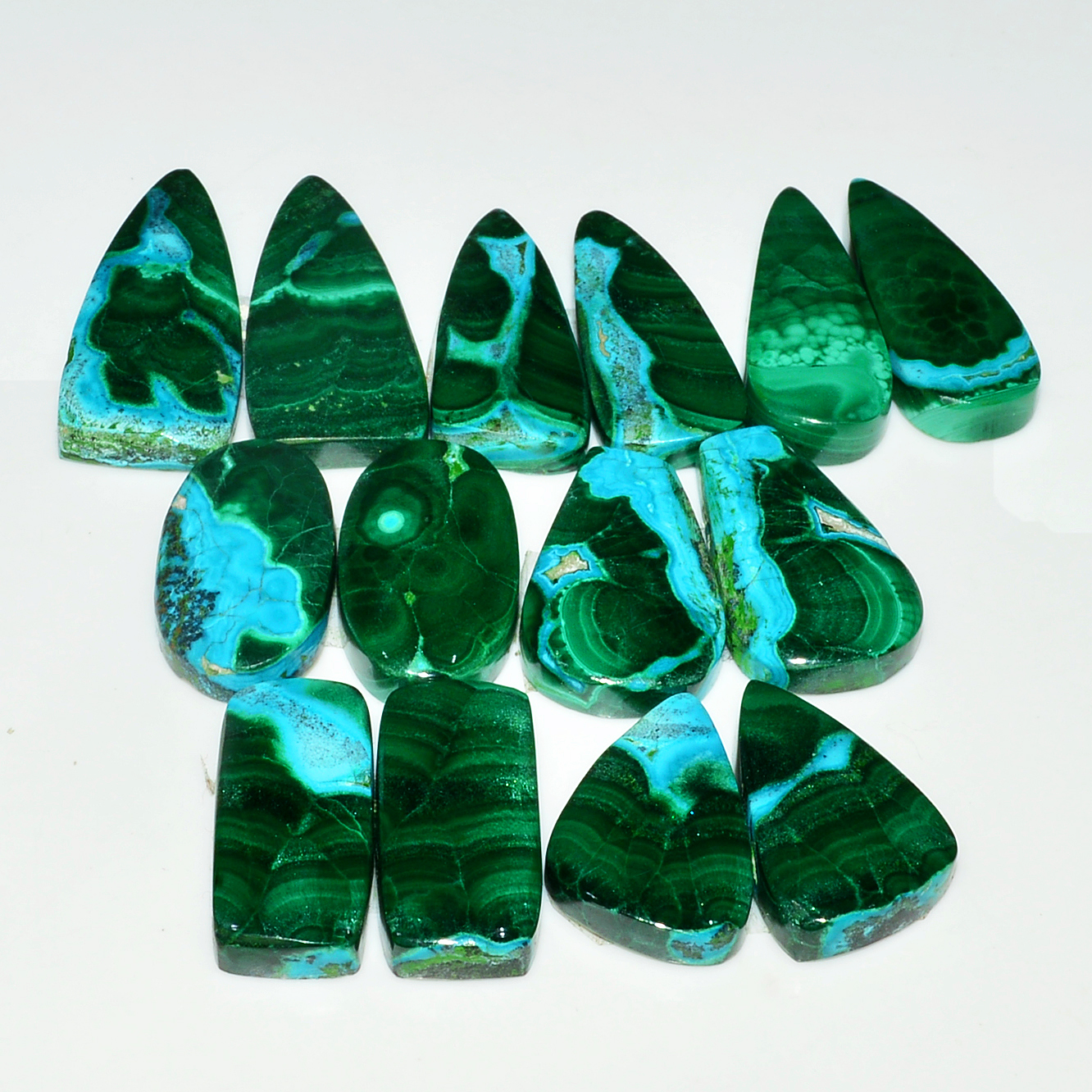 7 Pairs 209Cts Natural Malachite Loose Gemstone Cabochon Pair Lot for Silver Earrings 30x12 20x11mm 19028