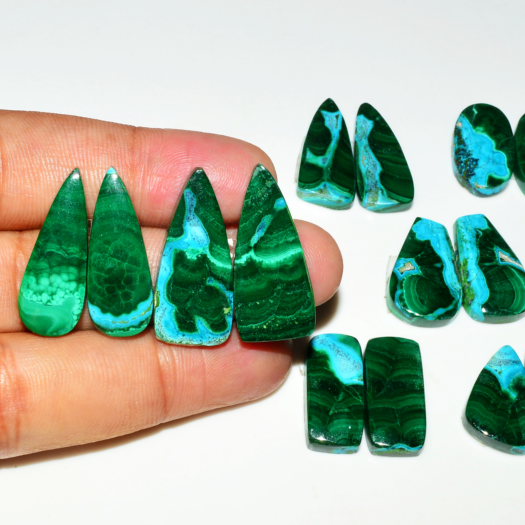 7 Pairs 209Cts Natural Malachite Loose Gemstone Cabochon Pair Lot for Silver Earrings 30x12 20x11mm 19028