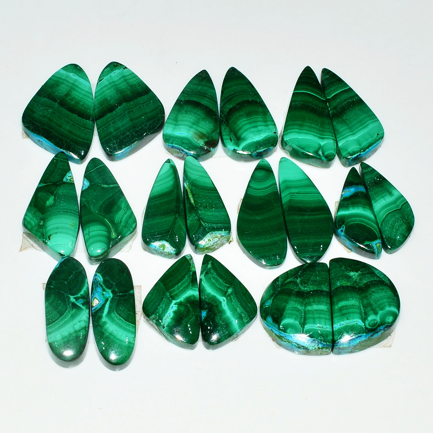 9 Pairs 189Cts Natural Malachite Loose Gemstone Cabochon Pair Lot for Silver Earrings 22x10 20x9mm 19030