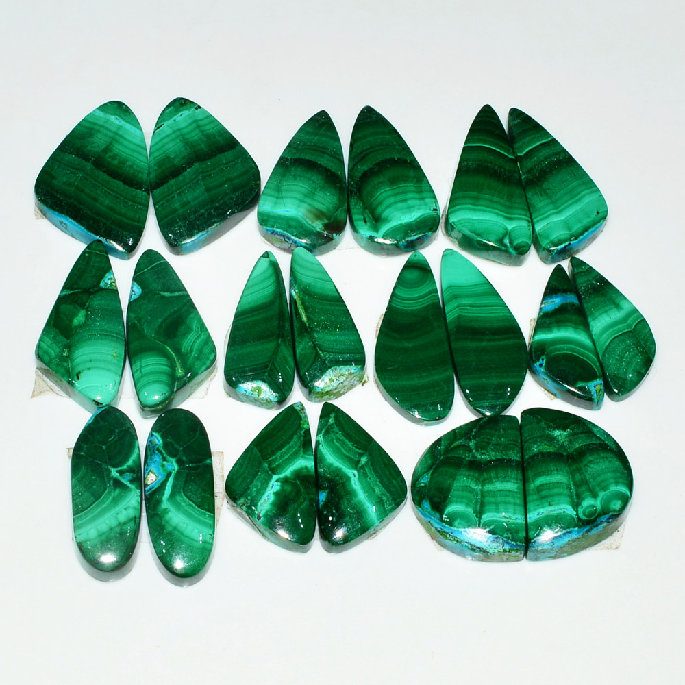 Image of 9 Pairs 189Cts Natural Malachite Loose Gemstone Cabochon Pair Lot for Silver Earrings 22x10  20x9mm #19030